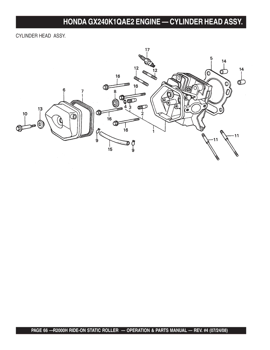 Multiquip R2000H manual Honda GX240K1QAE2 Engine Cylinder Head Assy 