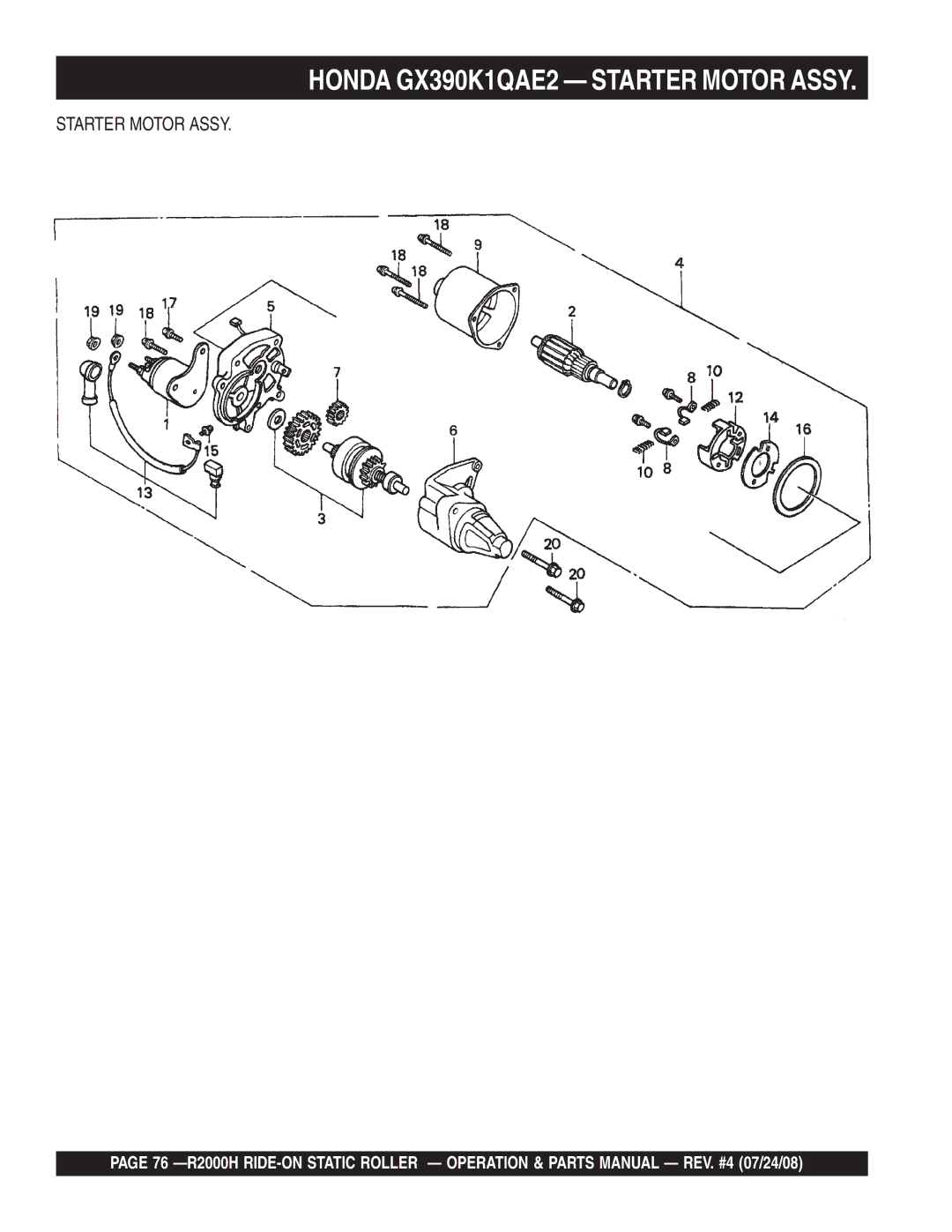 Multiquip R2000H manual Honda GX390K1QAE2 Starter Motor Assy 