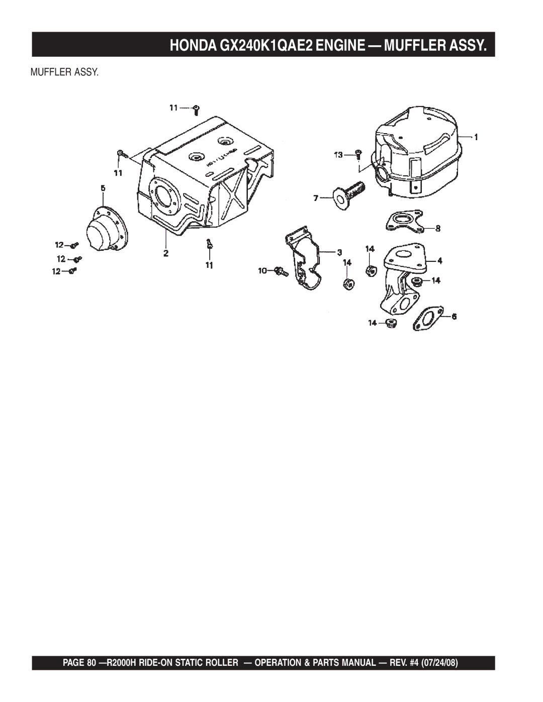 Multiquip R2000H manual Honda GX240K1QAE2 Engine Muffler Assy 
