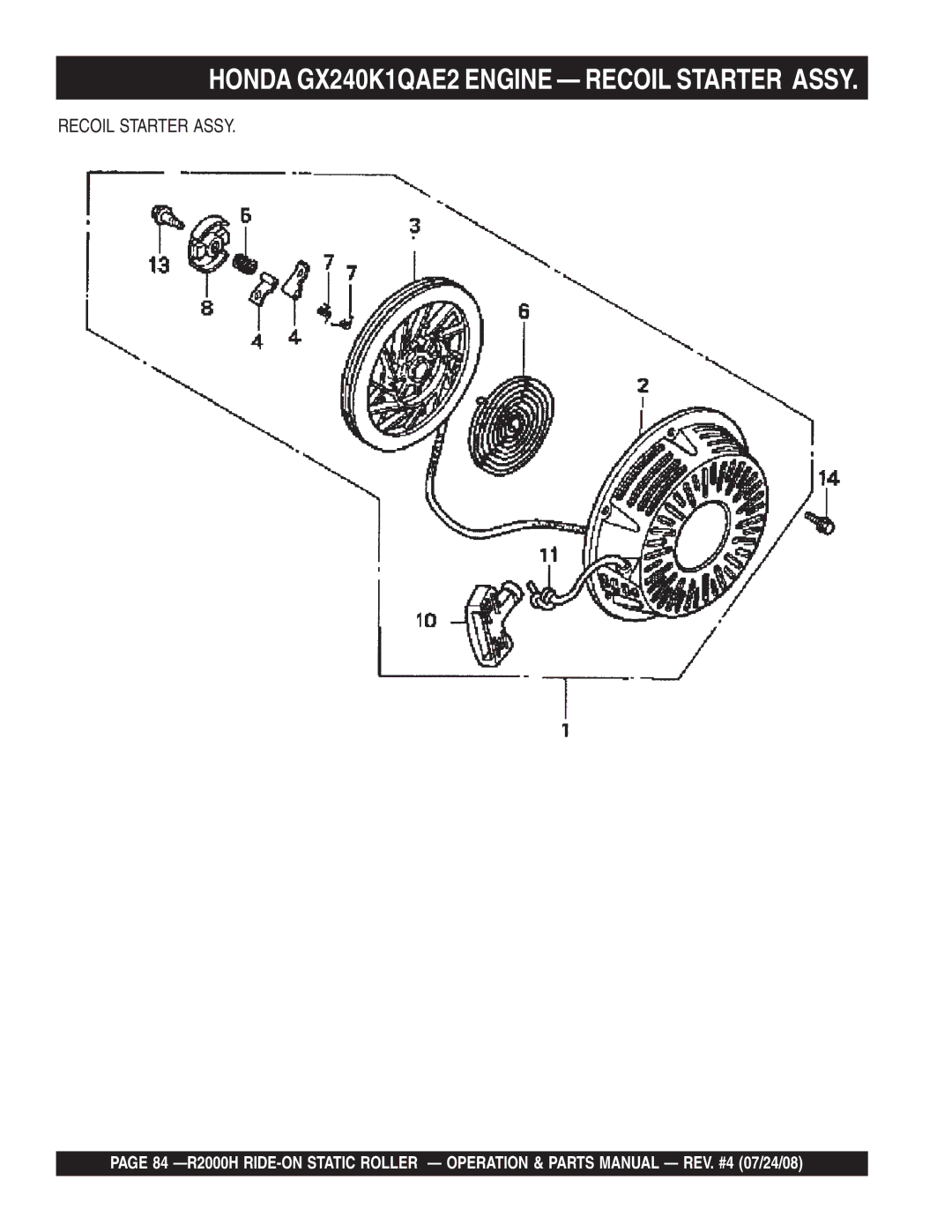 Multiquip R2000H manual Honda GX240K1QAE2 Engine Recoil Starter Assy 