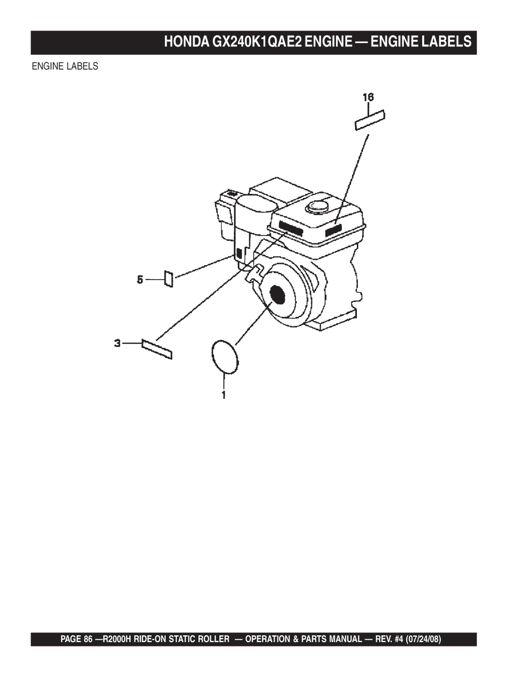 Multiquip R2000H manual Honda GX240K1QAE2 Engine Engine Labels 