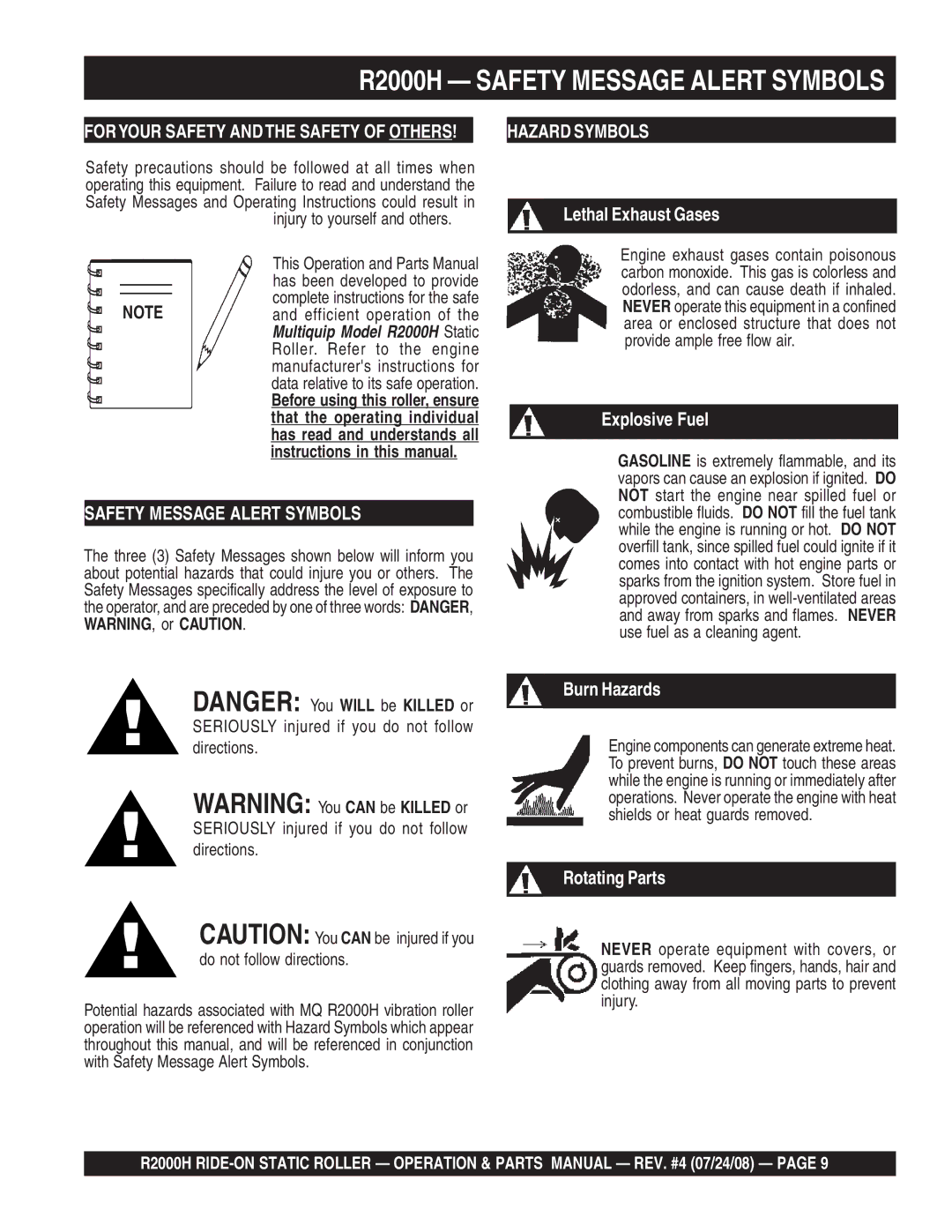 Multiquip R2000H manual Injury to yourself and others, Seriously injured if you do not follow directions 