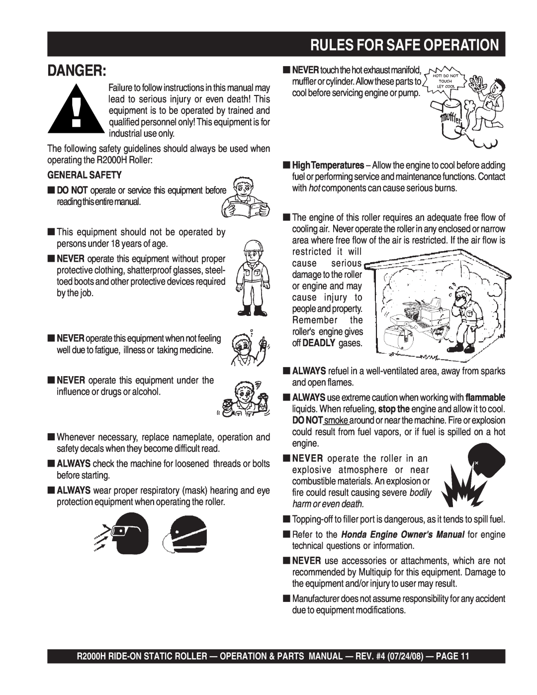 Multiquip R2000H manual Danger, Rules For Safe Operation, General Safety 