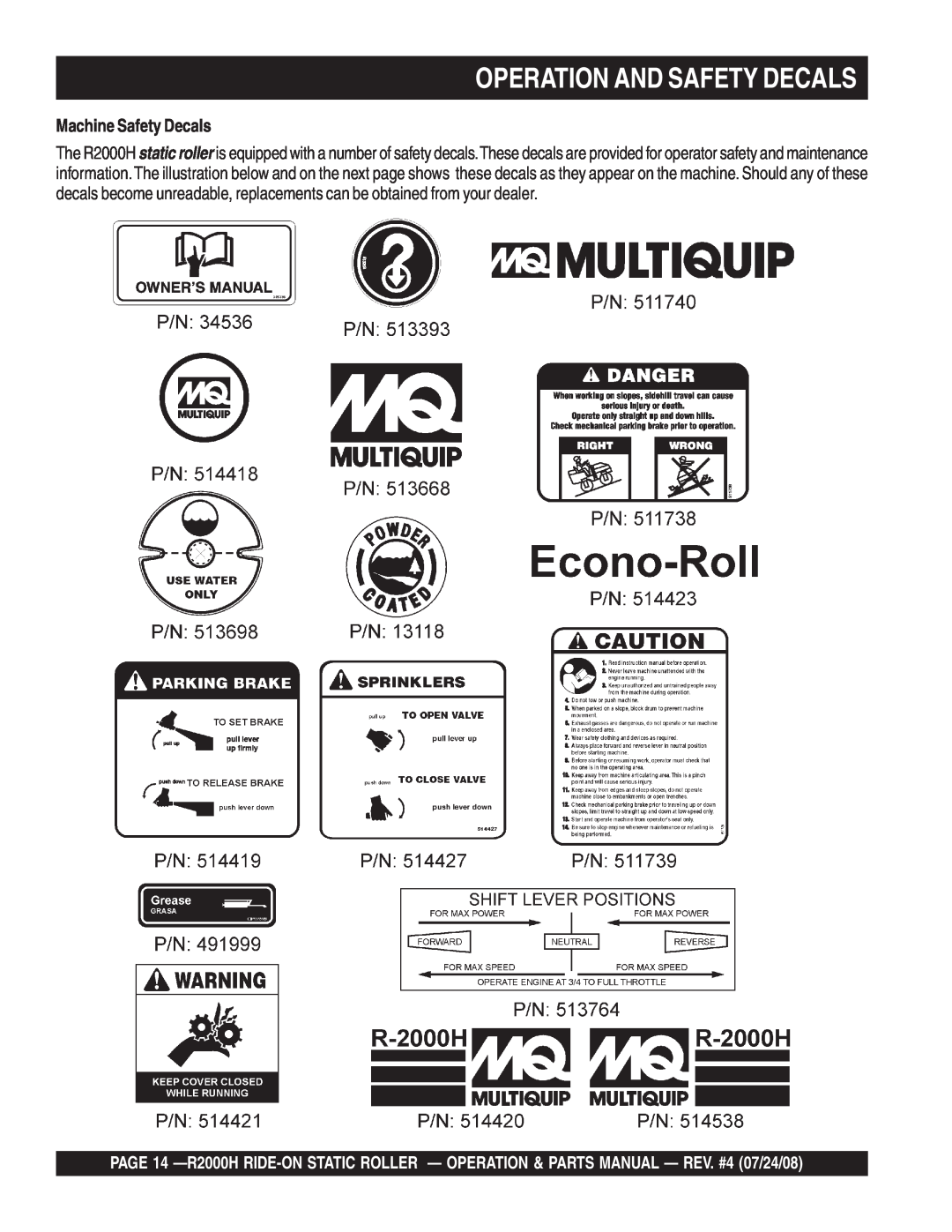 Multiquip R2000H manual Operation And Safety Decals, Machine Safety Decals 