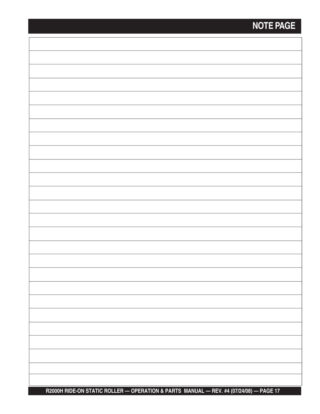 Multiquip R2000H manual Note Page 