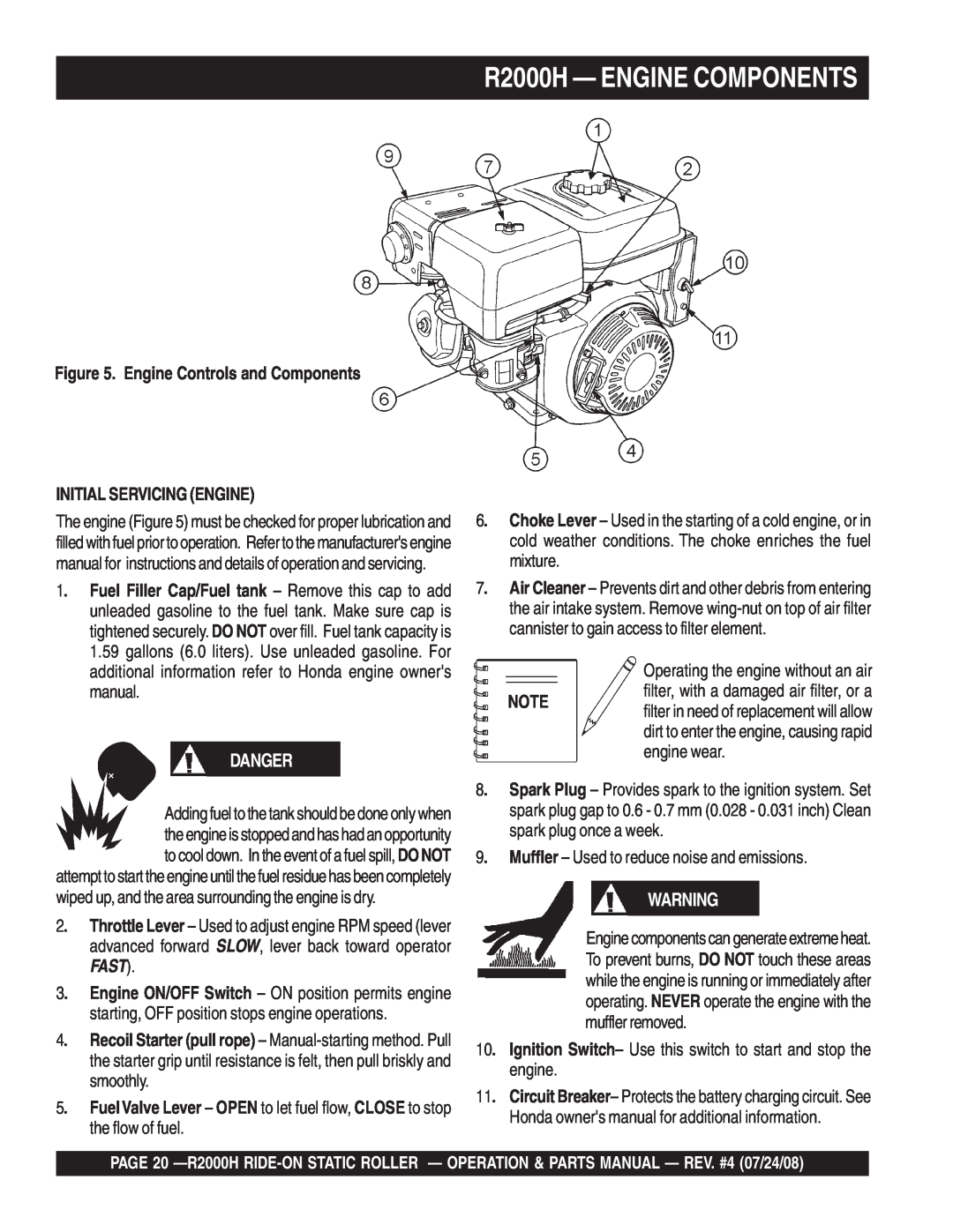 Multiquip manual R2000H - ENGINE COMPONENTS, Danger, Engine Controls and Components, Initial Servicing Engine 