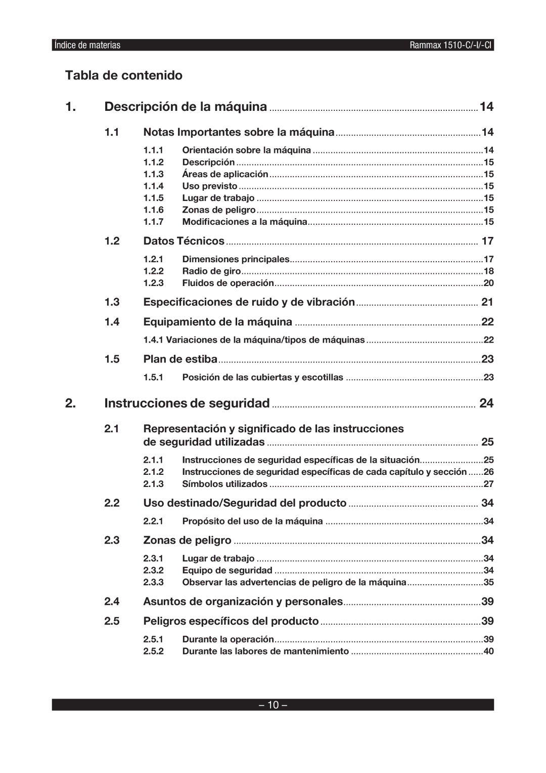 Multiquip RX1510 manual Tabla de contenido, Representación y signiﬁcado de las instrucciones 