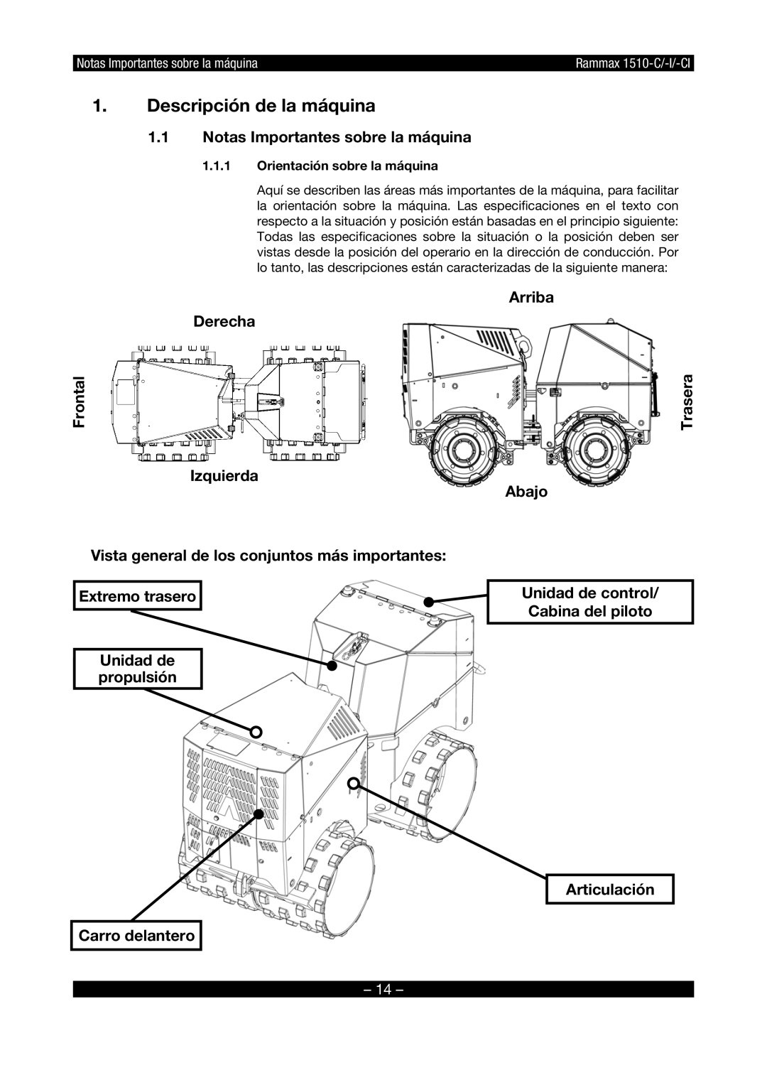 Multiquip RX1510 manual Descripción de la máquina, Notas Importantes sobre la máquina, Arriba, Derecha 