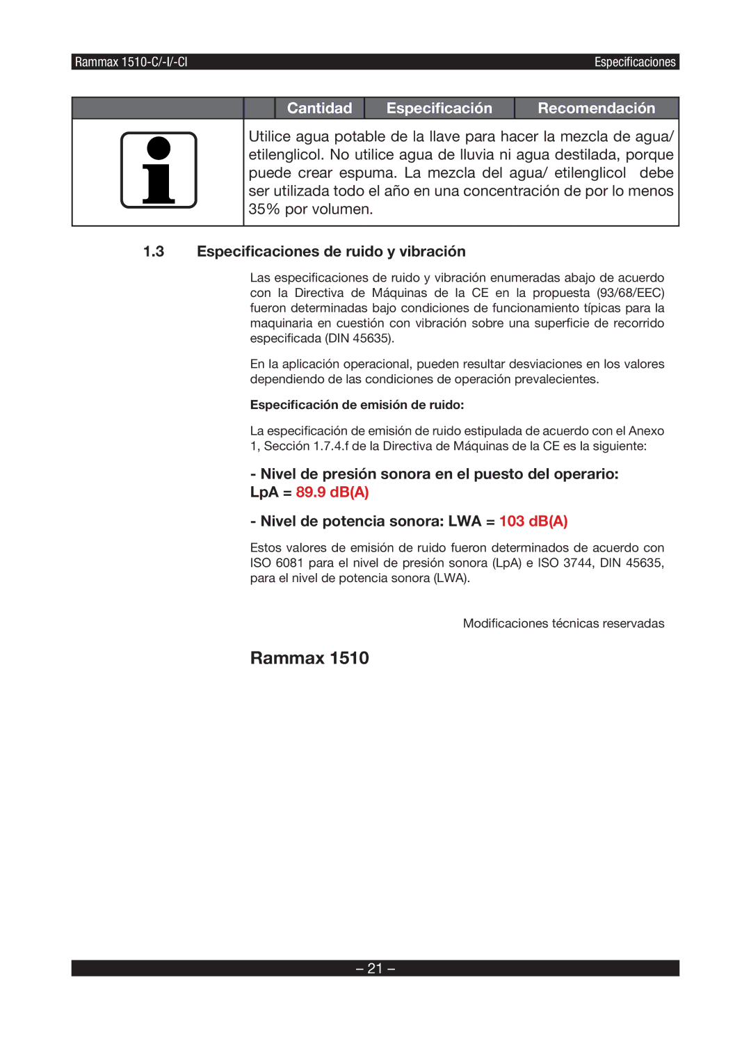 Multiquip RX1510 manual Rammax, Especiﬁcaciones de ruido y vibración, Especiﬁcación de emisión de ruido 