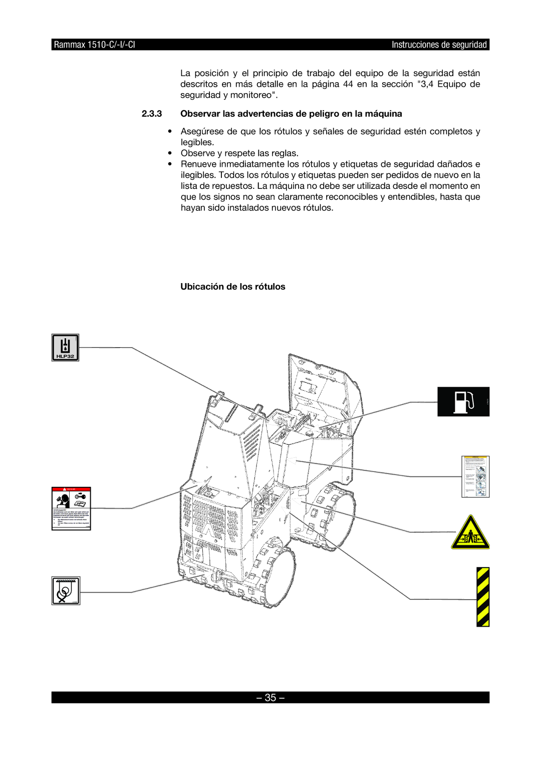 Multiquip RX1510 manual Observar las advertencias de peligro en la máquina, Ubicación de los rótulos 