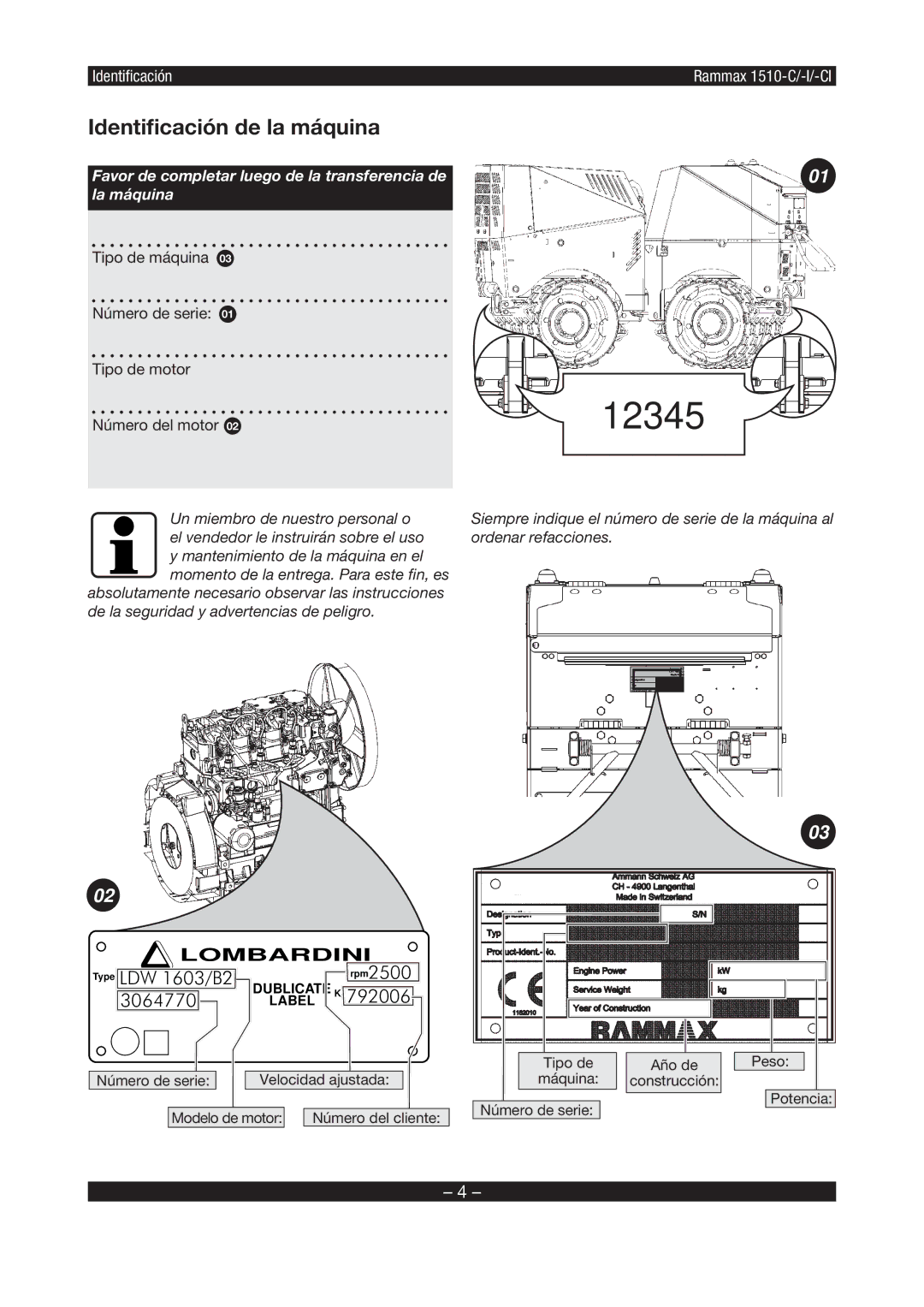 Multiquip RX1510 manual 145, Identiﬁcación de la máquina 