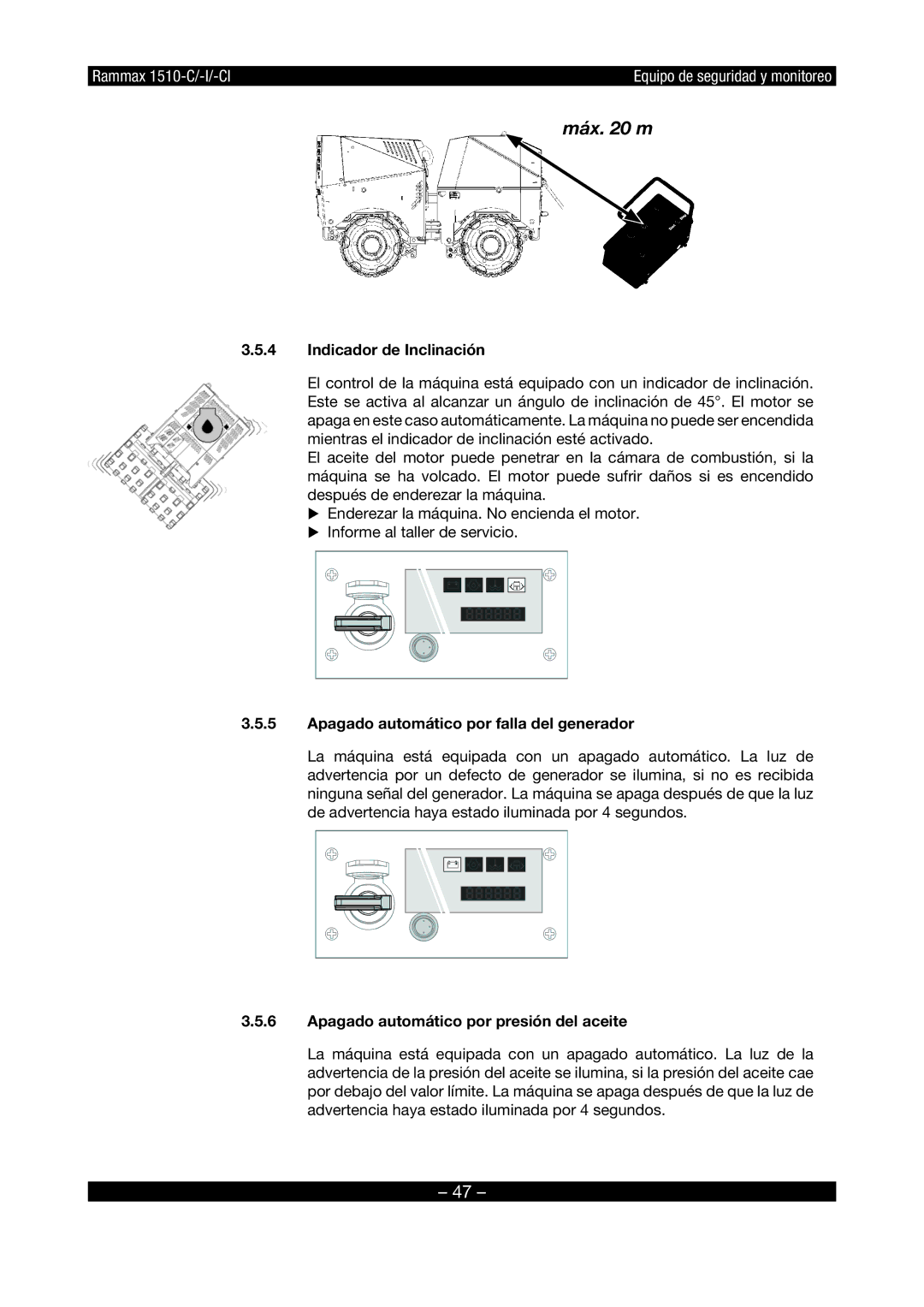 Multiquip RX1510 manual Indicador de Inclinación, Apagado automático por falla del generador 