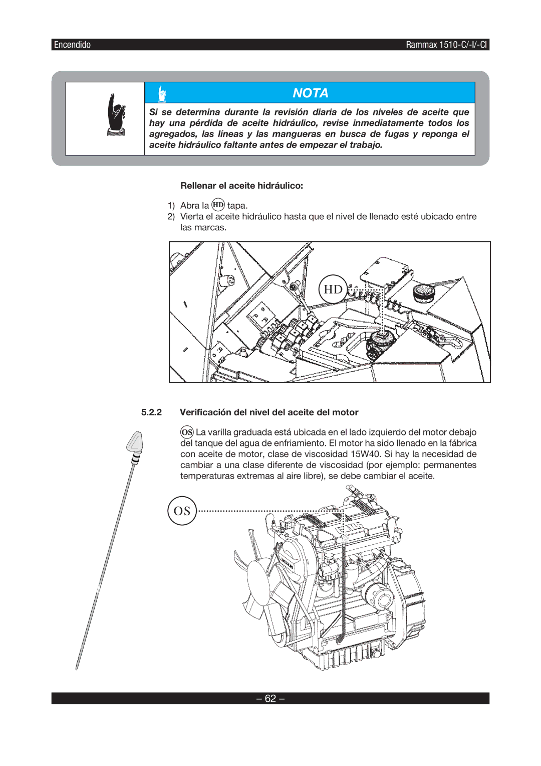 Multiquip RX1510 manual Rellenar el aceite hidráulico, Veriﬁcación del nivel del aceite del motor 