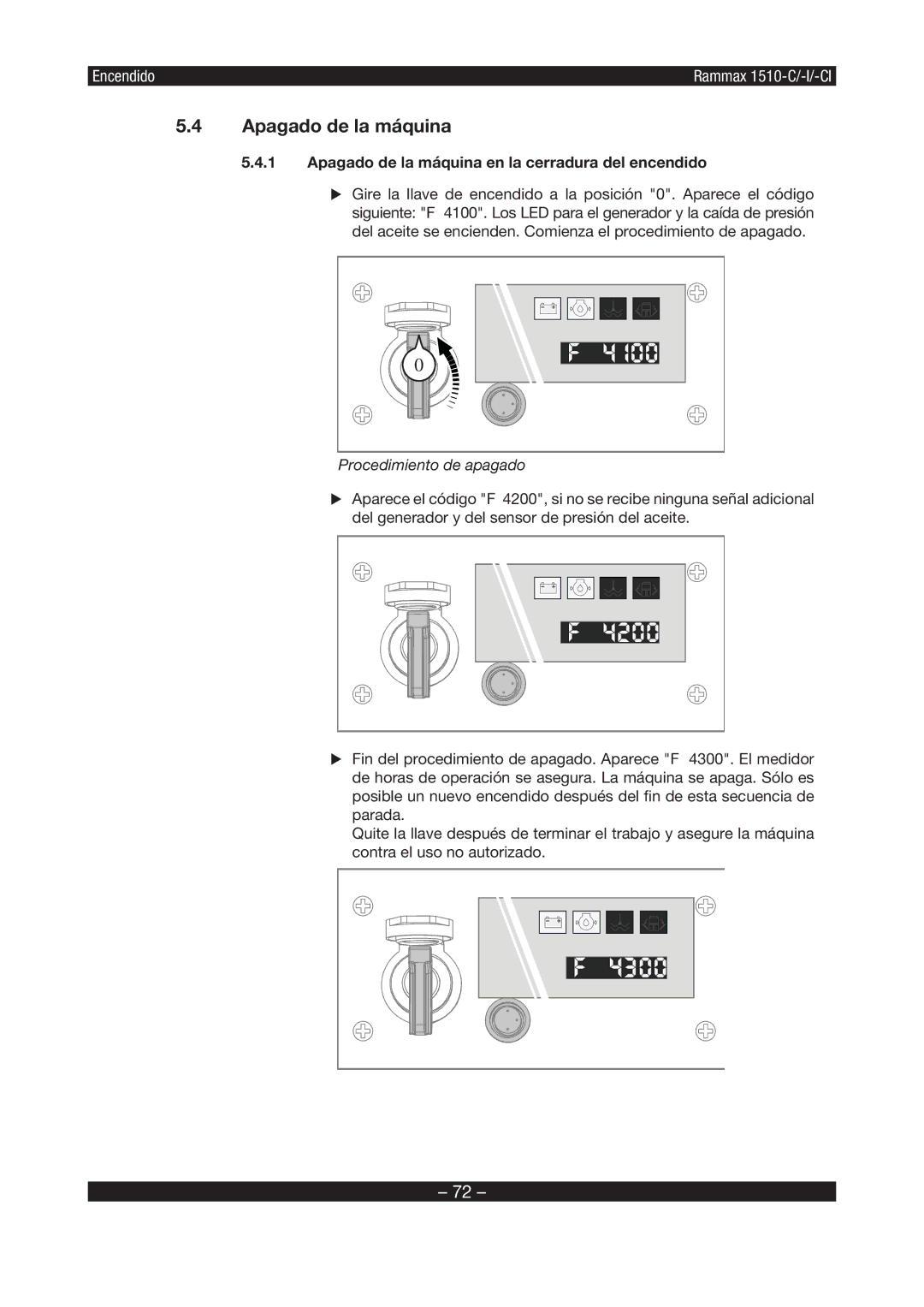 Multiquip RX1510 manual Apagado de la máquina en la cerradura del encendido 