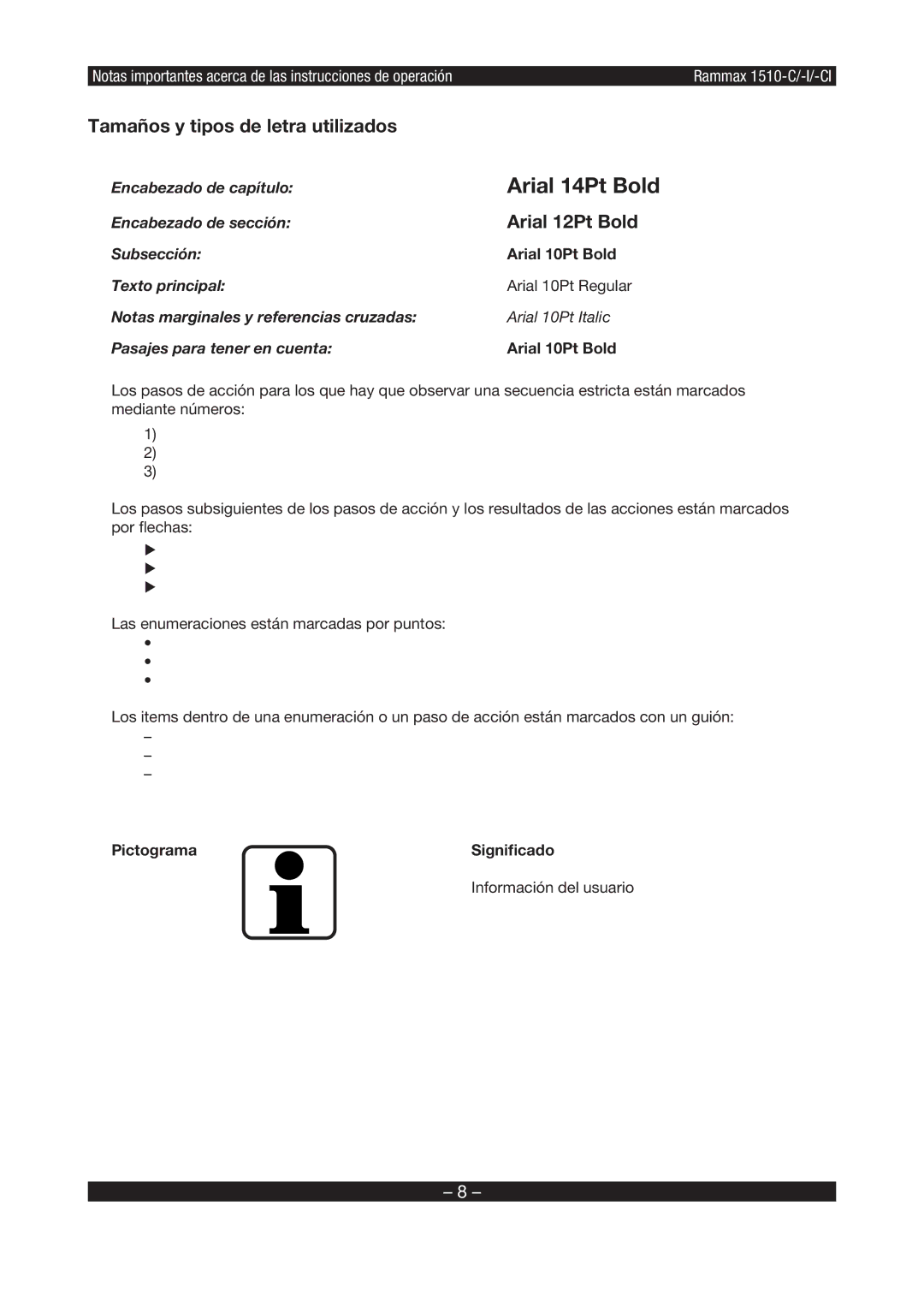 Multiquip RX1510 manual Arial 14Pt Bold, Pictograma 