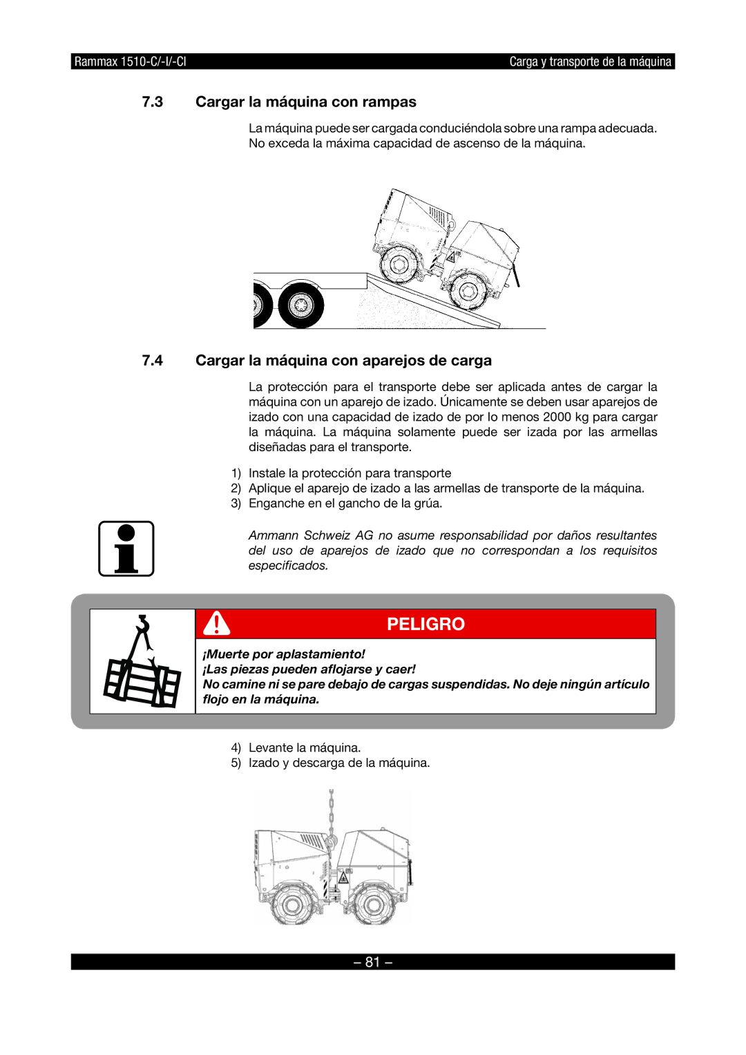 Multiquip RX1510 manual Cargar la máquina con rampas, Cargar la máquina con aparejos de carga 