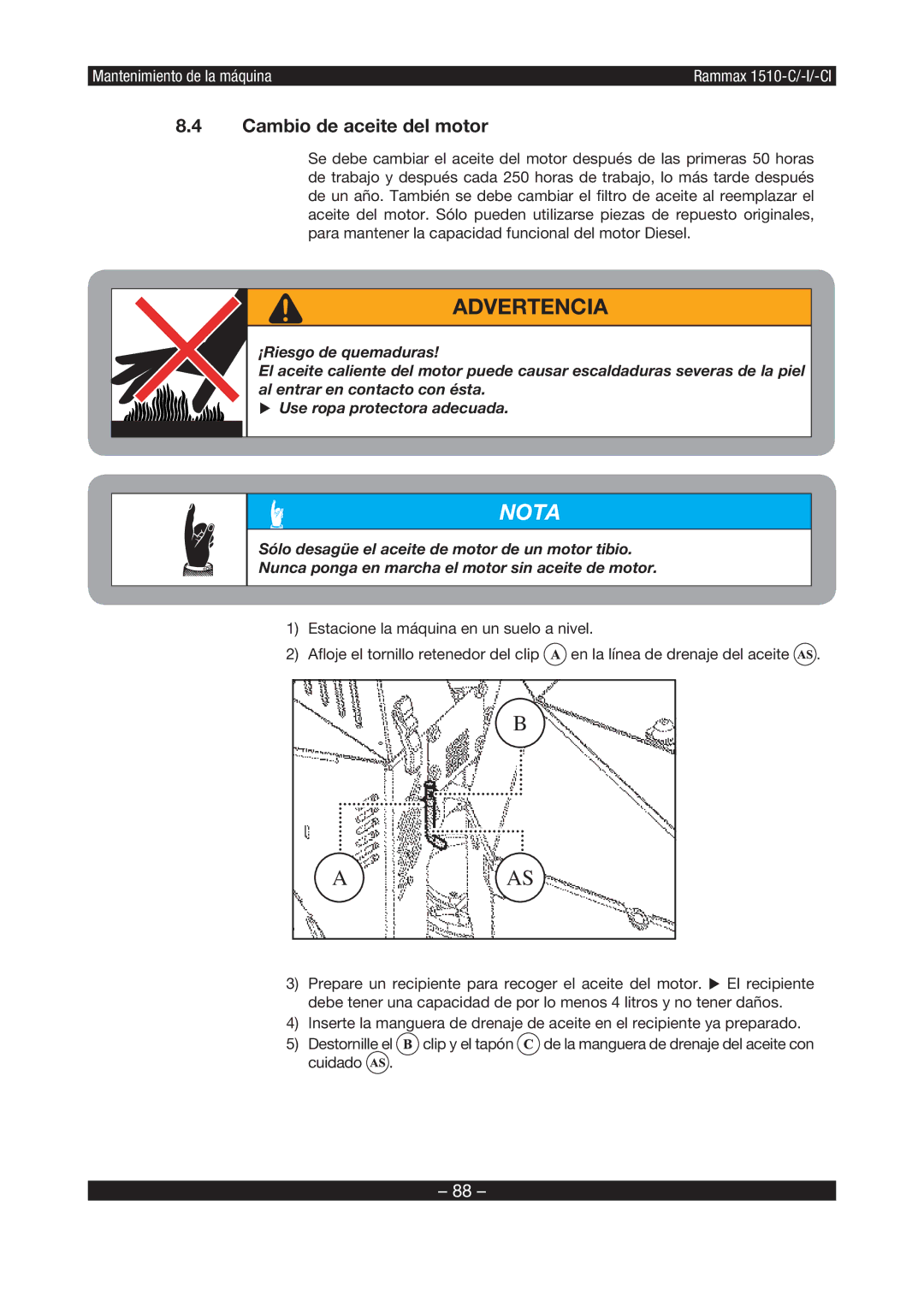 Multiquip RX1510 manual Advertencia, Cambio de aceite del motor 