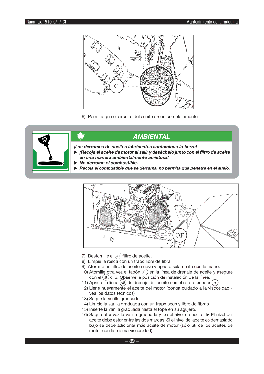 Multiquip RX1510 manual Permita que el circuito del aceite drene completamente 