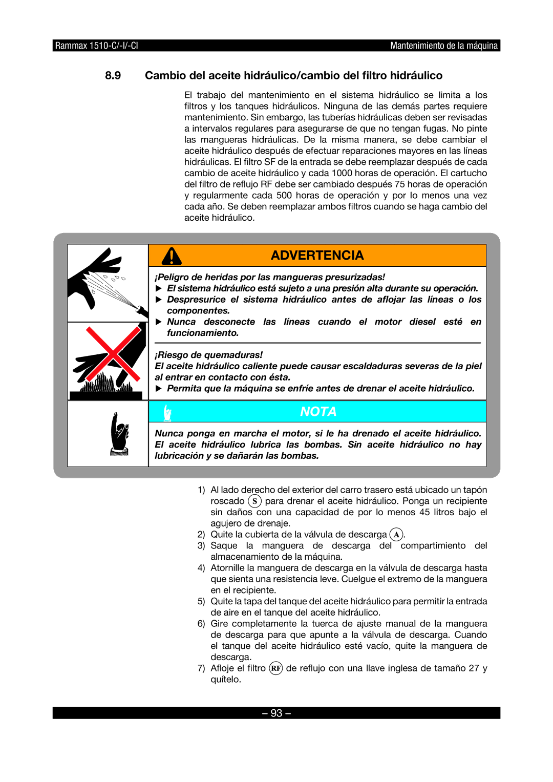 Multiquip RX1510 manual Advertencia, Cambio del aceite hidráulico/cambio del ﬁltro hidráulico 