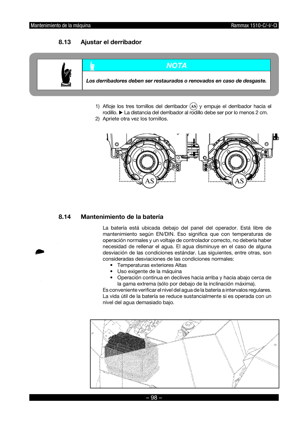 Multiquip RX1510 manual Ajustar el derribador, Mantenimiento de la batería 