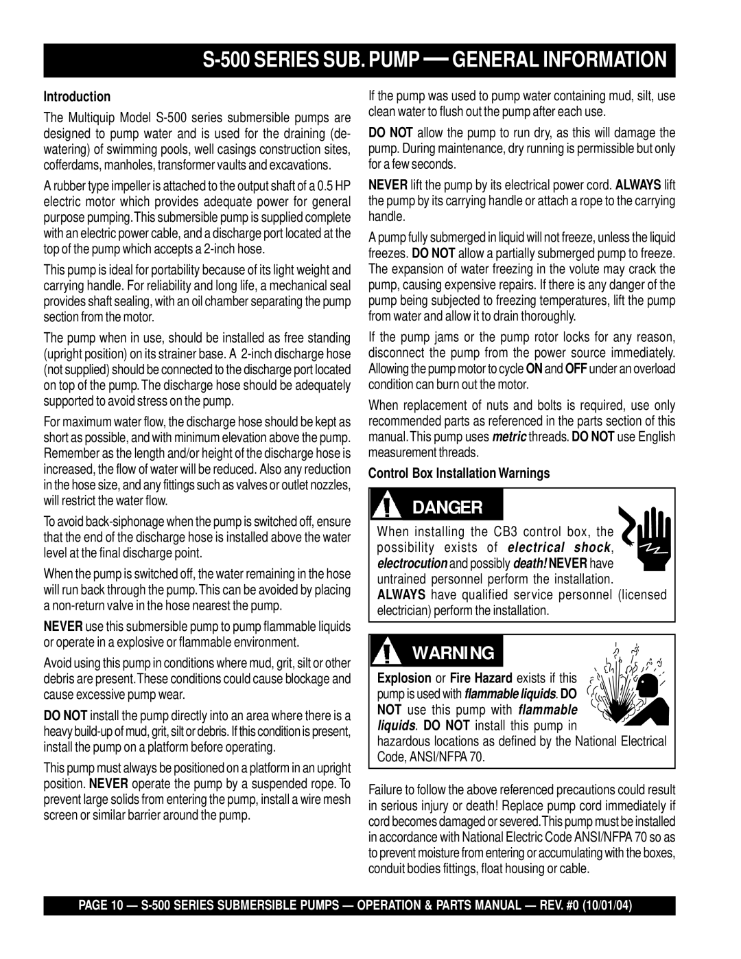 Multiquip S-500 manual Series SUB. Pump General Information, Introduction, Control Box Installation Warnings 