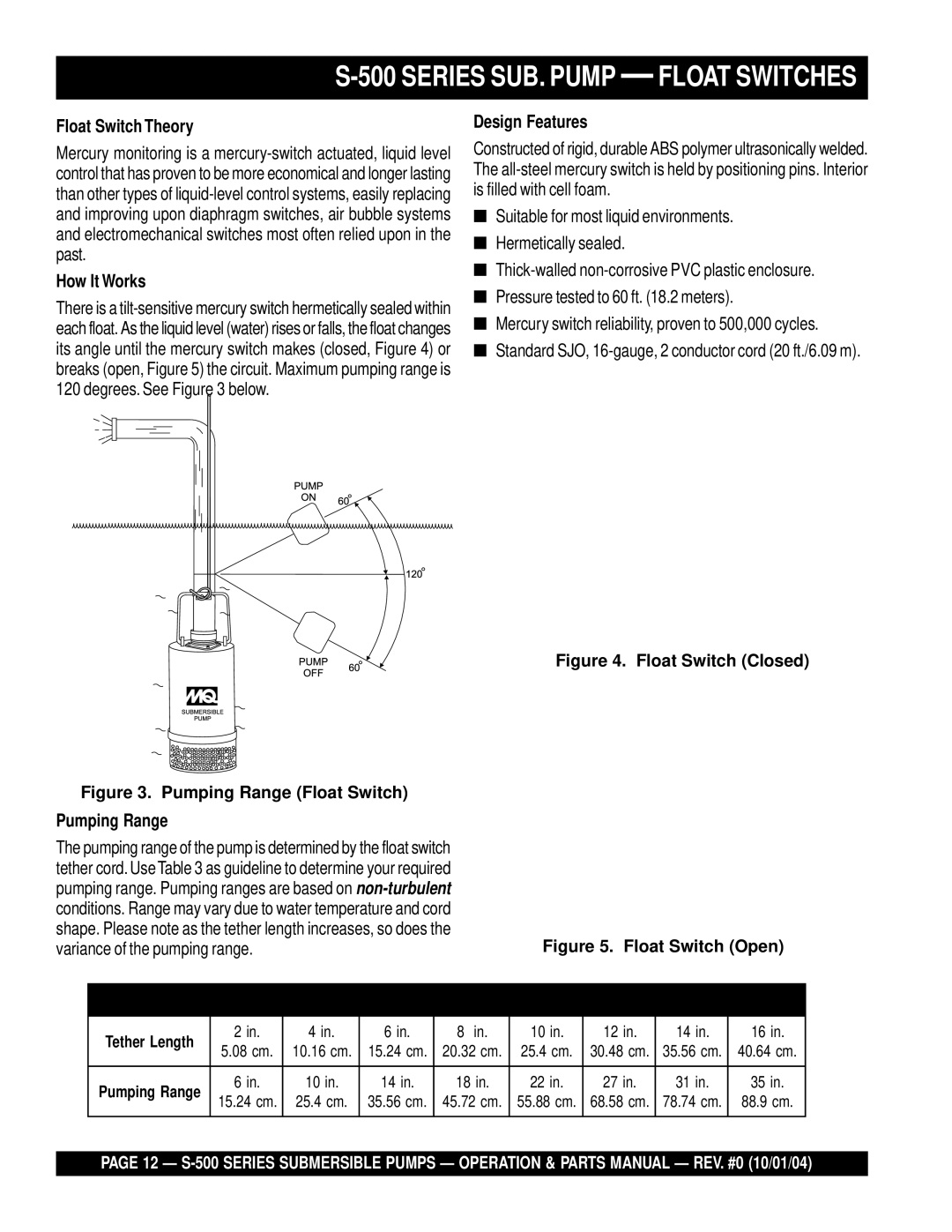 Multiquip S-500 manual Series SUB. Pump Float Switches, Float Switch Theory, How It Works, Design Features 