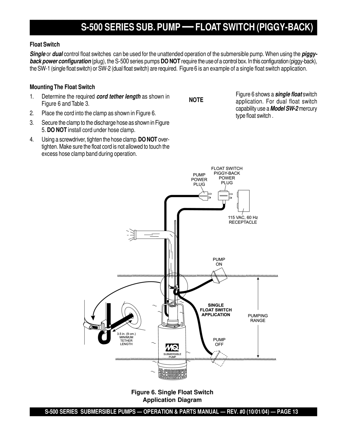 Multiquip S-500 manual Series SUB. Pump Float Switch PIGGY-BACK, Mounting The Float Switch 