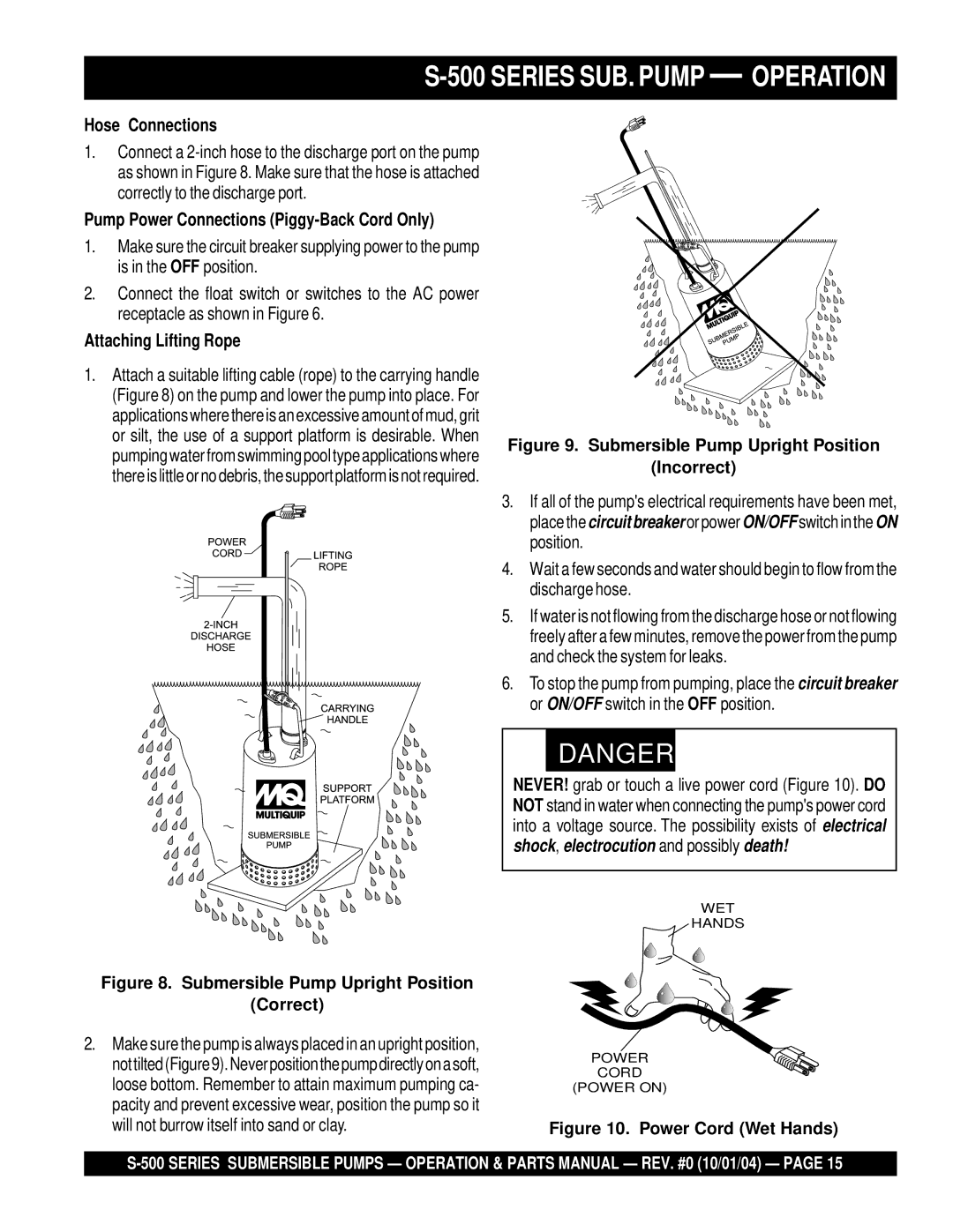 Multiquip S-500 manual Series SUB. Pump Operation, Hose Connections, Pump Power Connections Piggy-Back Cord Only 