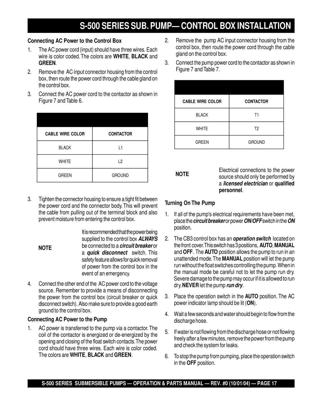 Multiquip S-500 manual Series SUB. PUMP- Control BOX Installation, Connecting AC Power to the Control Box 
