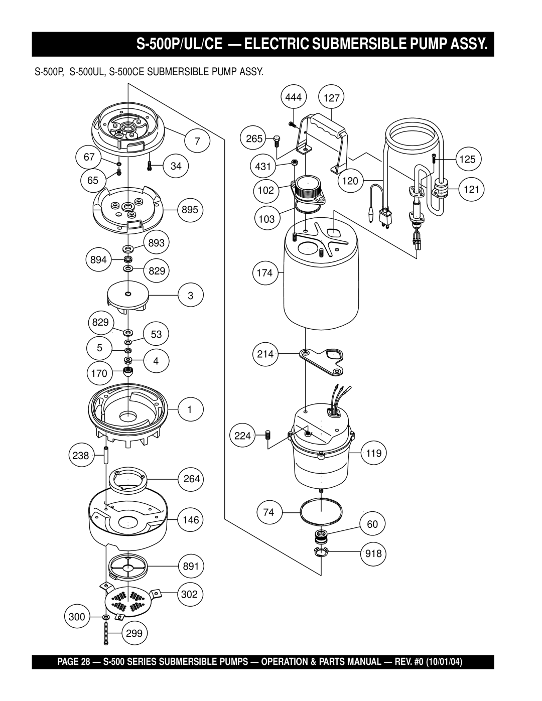 Multiquip S-500 manual 500P/UL/CE Electric Submersible Pump Assy 