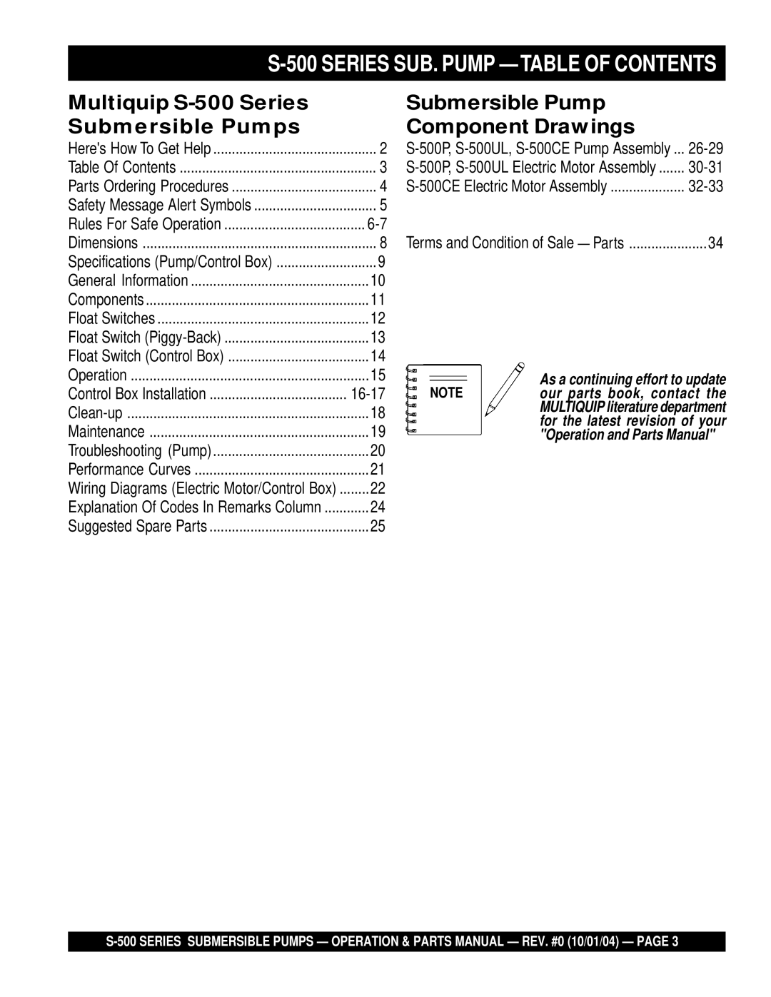 Multiquip S-500 manual Series SUB. Pump Table of Contents 