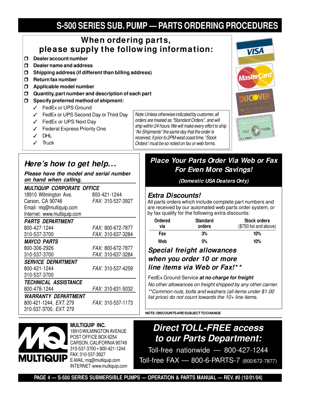 Multiquip S-500 Series SUB. Pump Parts Ordering Procedures, When ordering parts Please supply the following information 