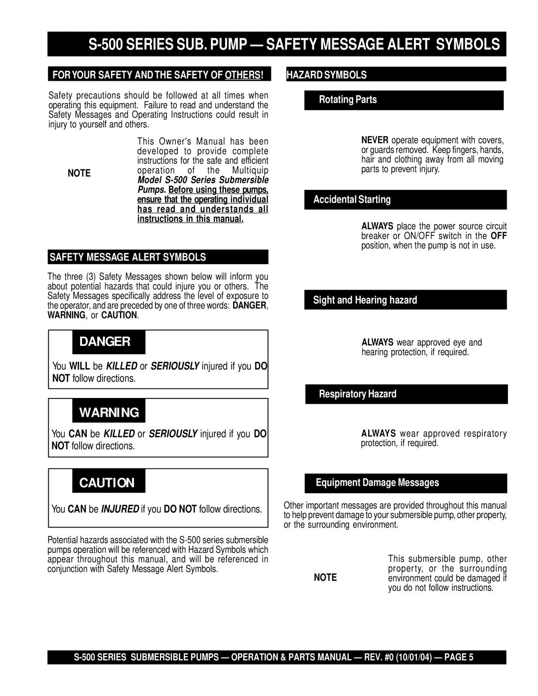 Multiquip S-500 manual Series SUB. Pump Safety Message Alert Symbols, For Your Safety and the Safety of Others 