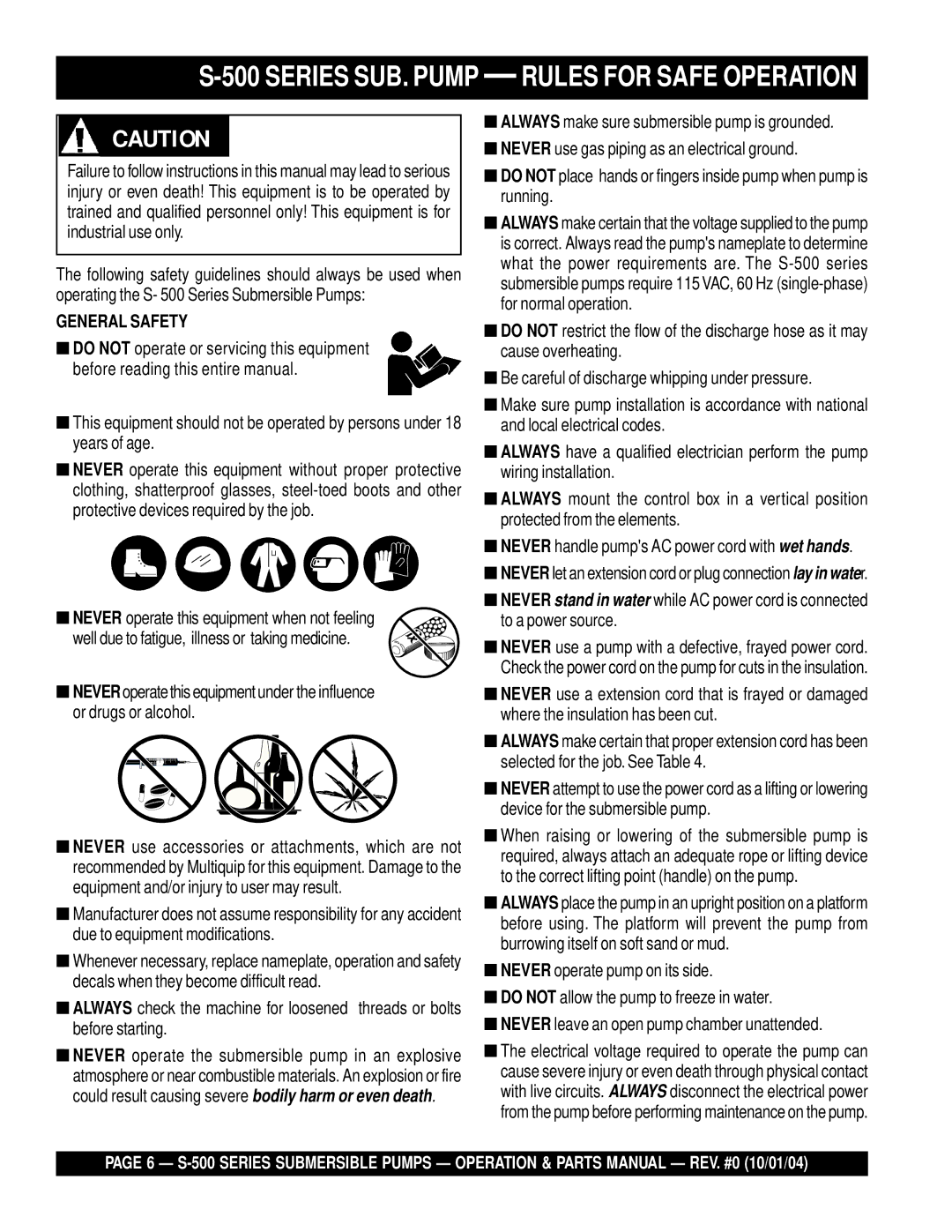 Multiquip S-500 manual Series SUB. Pump Rules for Safe Operation, General Safety 