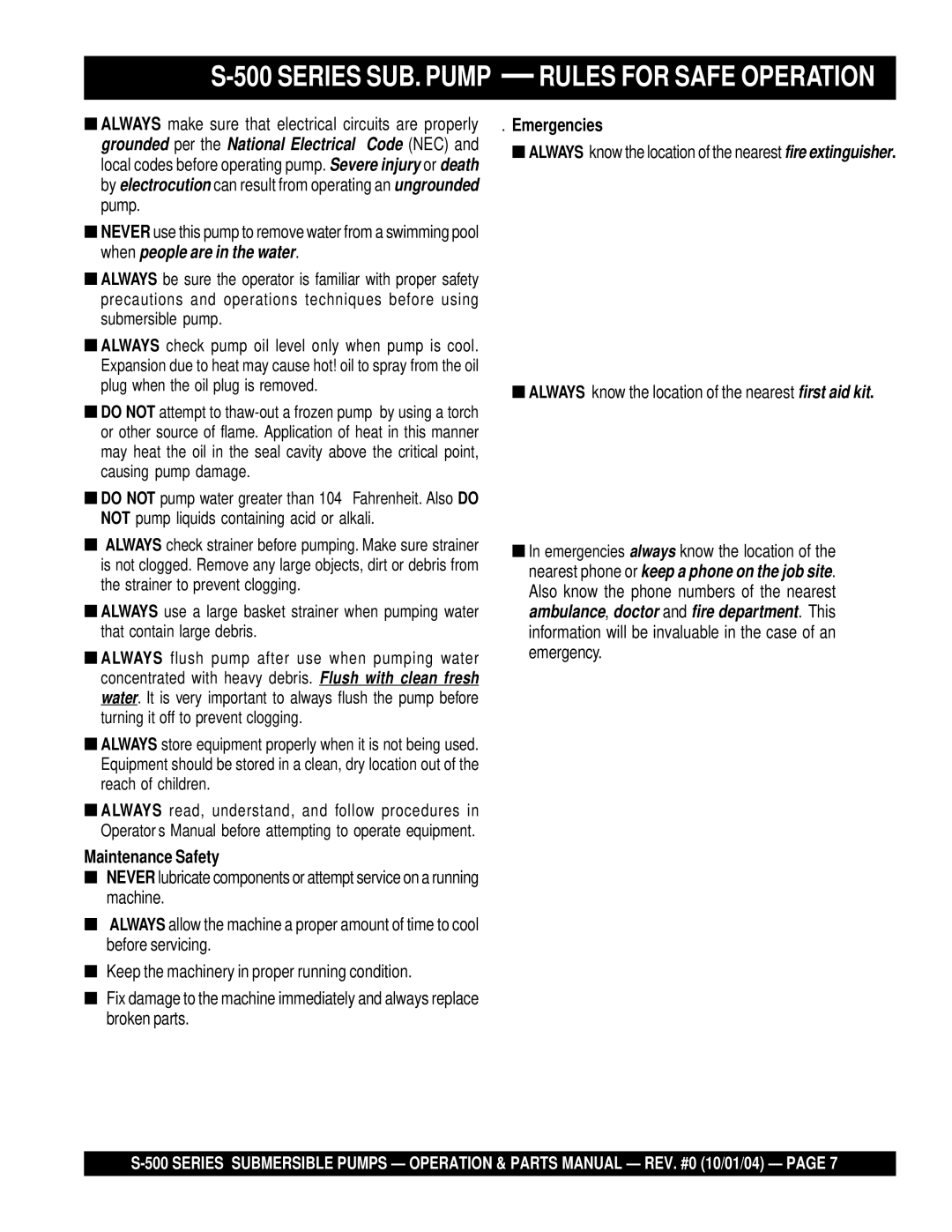 Multiquip S-500 manual Maintenance Safety, Emergencies 