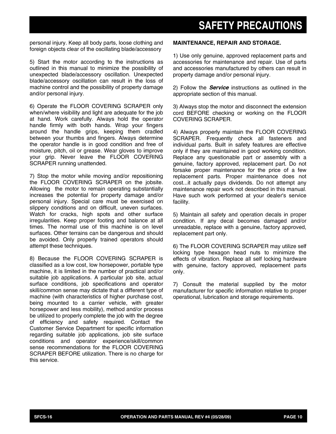 Multiquip SFCS-16 manual MAINTENANCE, Repair and Storage 