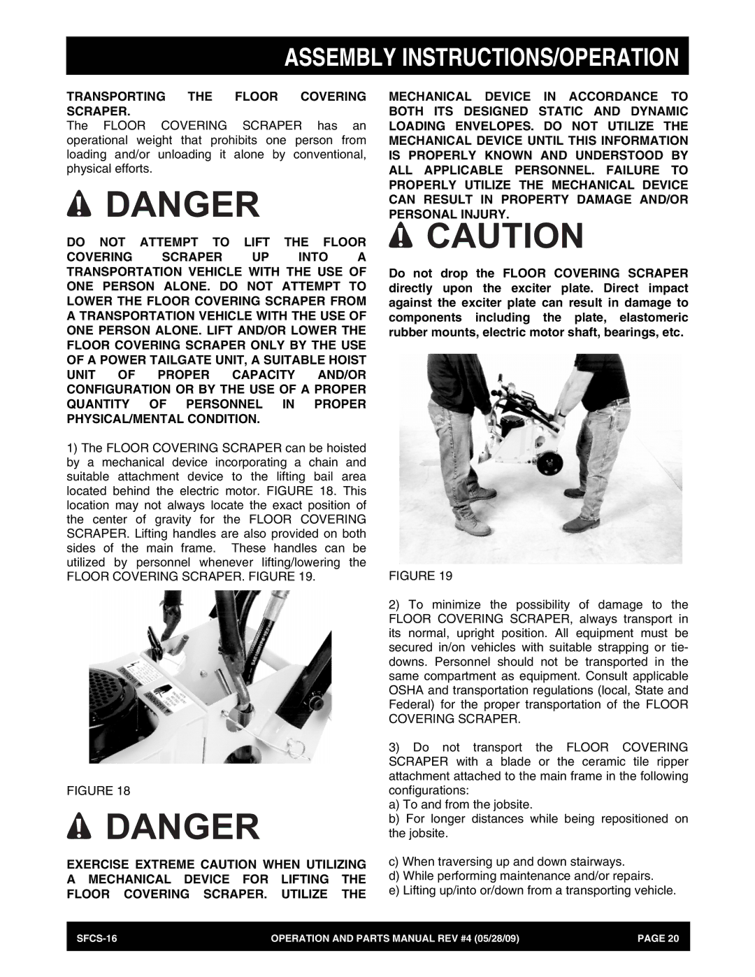 Multiquip SFCS-16 manual Transporting the Floor Covering Scraper 