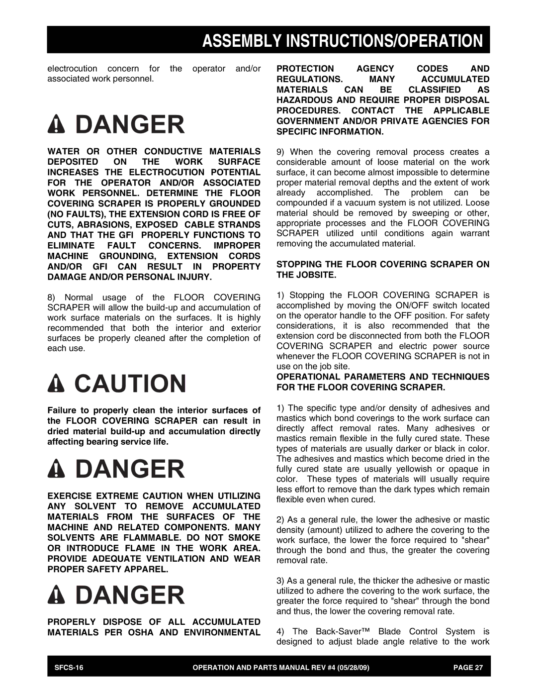 Multiquip SFCS-16 manual Stopping the Floor Covering Scraper on the Jobsite 