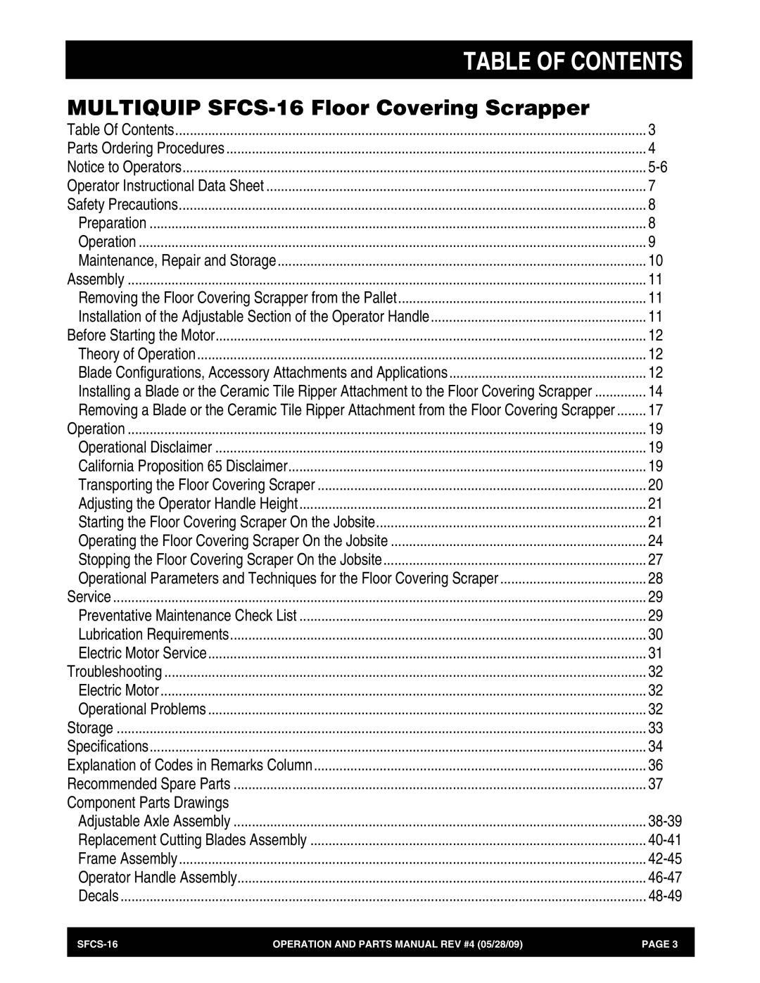 Multiquip SFCS-16 manual Table of Contents 