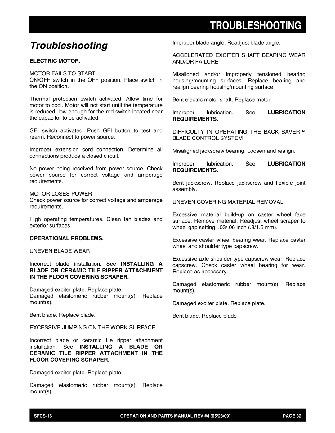 Multiquip SFCS-16 manual Troubleshooting, Electric Motor, Operational Problems, Requirements 