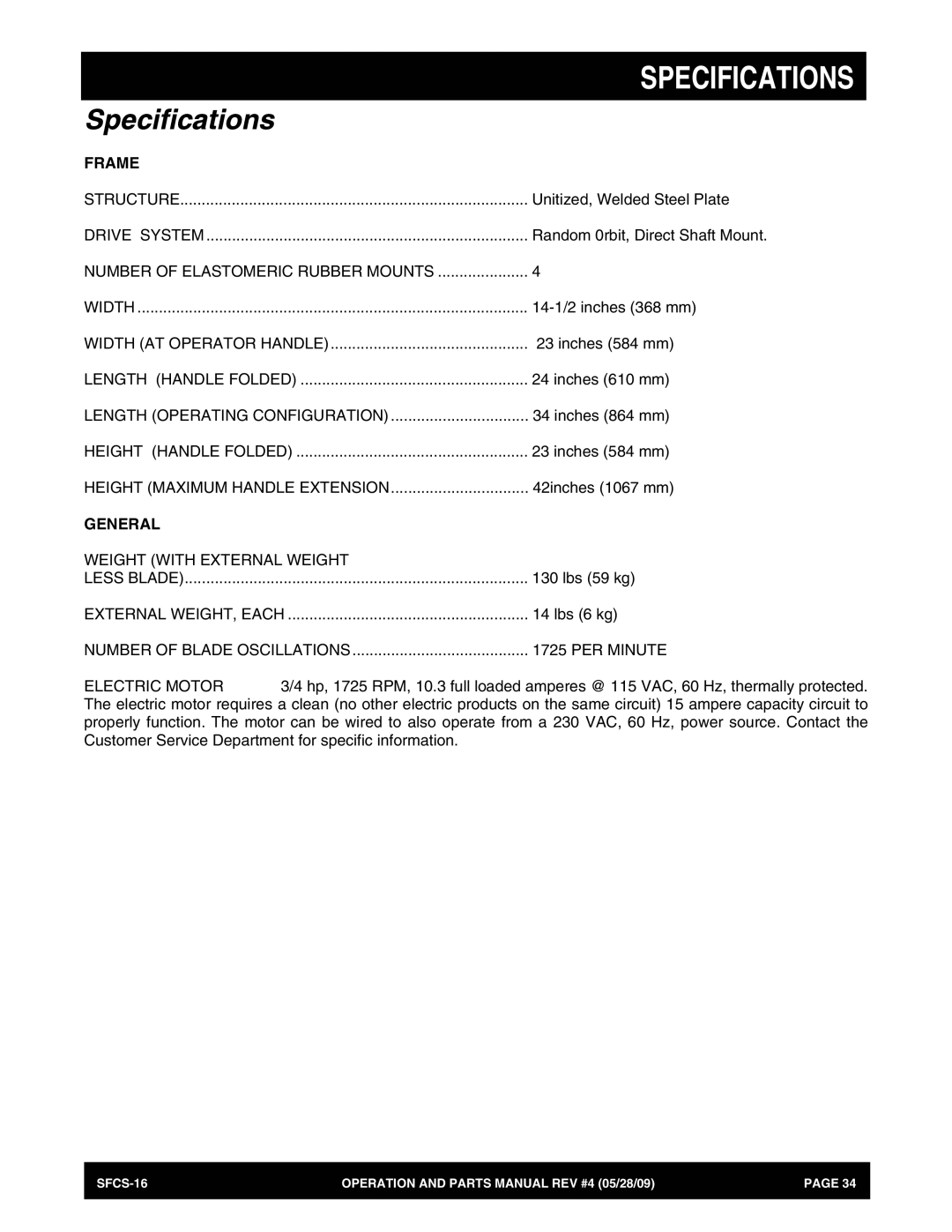 Multiquip SFCS-16 manual Specifications, Frame, General 