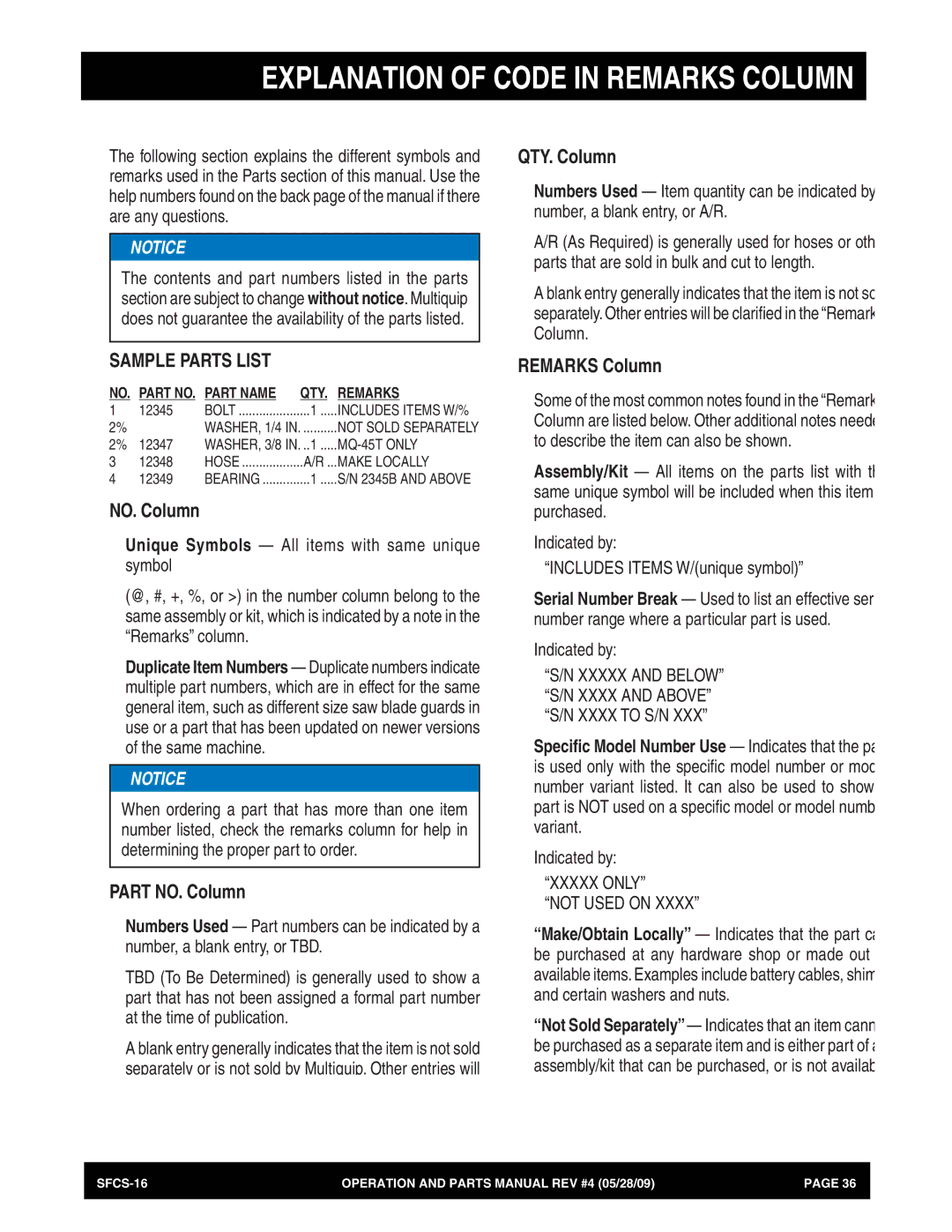 Multiquip SFCS-16 manual Explanation of Code in Remarks Column 