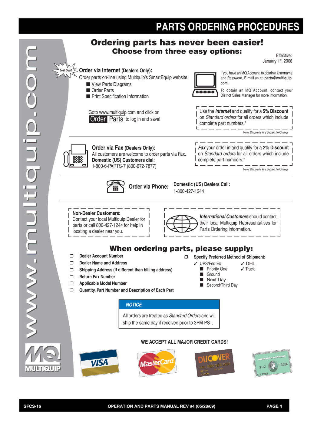 Multiquip SFCS-16 manual Parts Ordering Procedures, Ordering parts has never been easier 