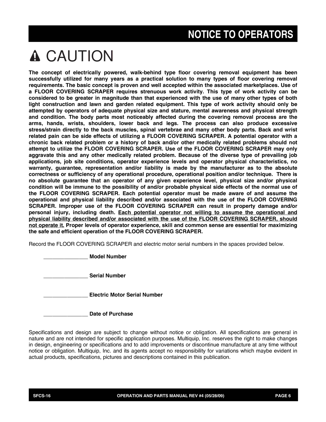 Multiquip manual SFCS-16 Operation and Parts Manual REV #4 05/28/09 