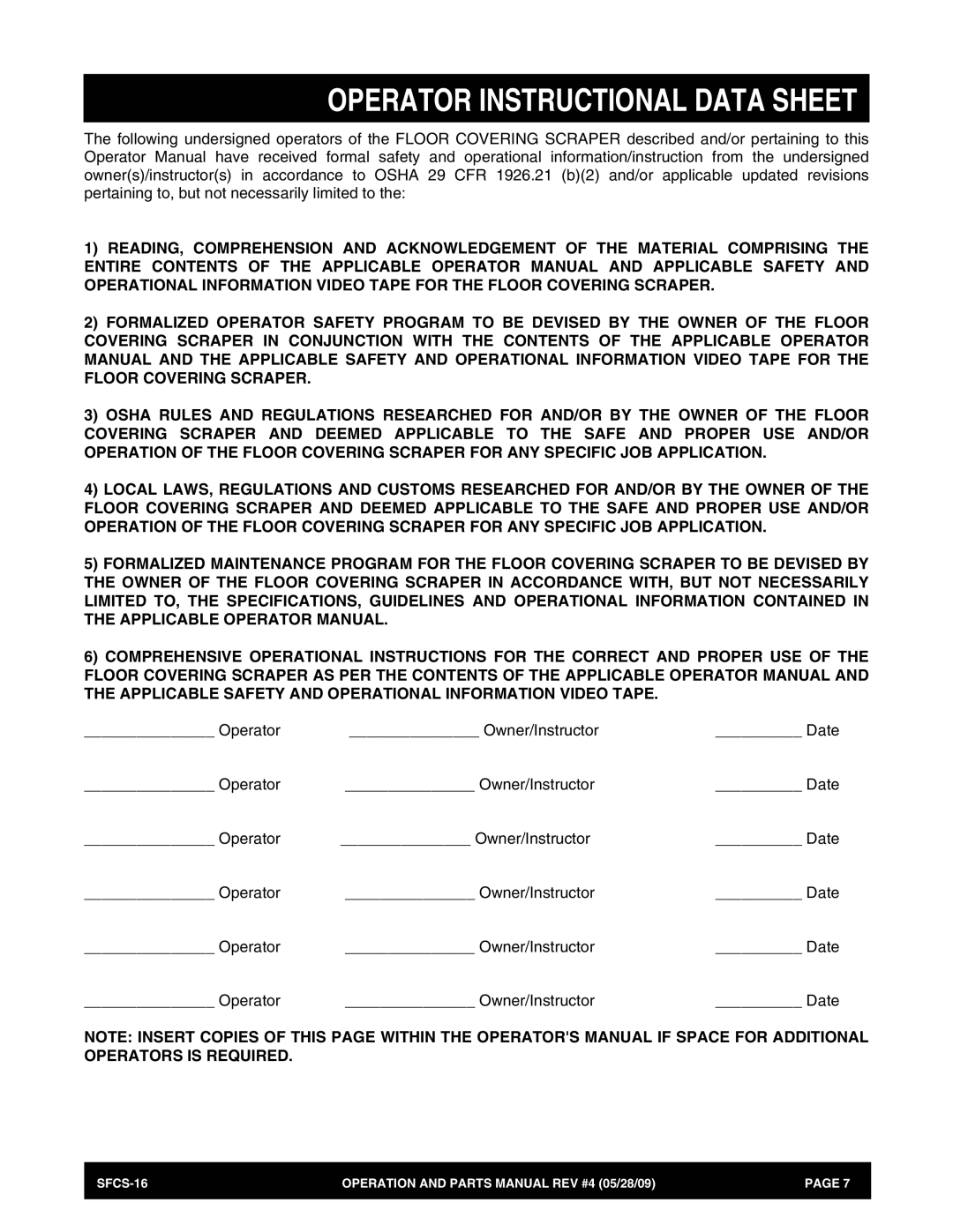 Multiquip SFCS-16 manual Operator Instructional Data Sheet 