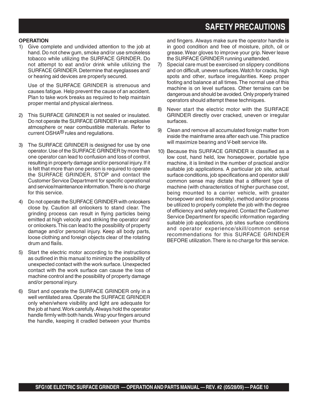 Multiquip SFG10E manual Operation 