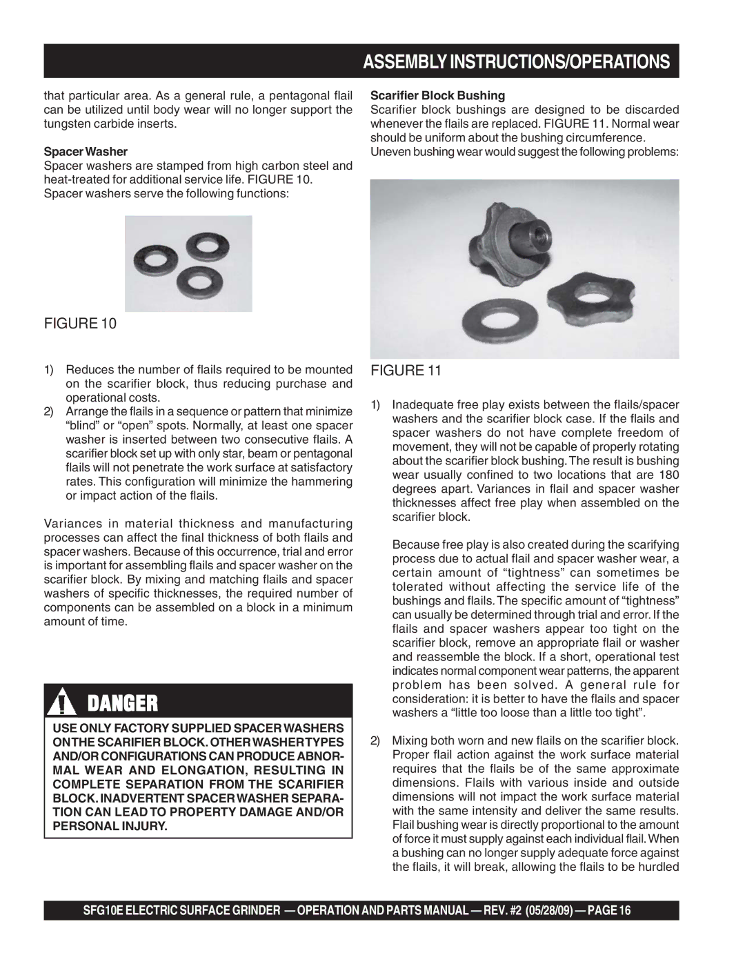 Multiquip SFG10E manual SpacerWasher, Scarifier Block Bushing 