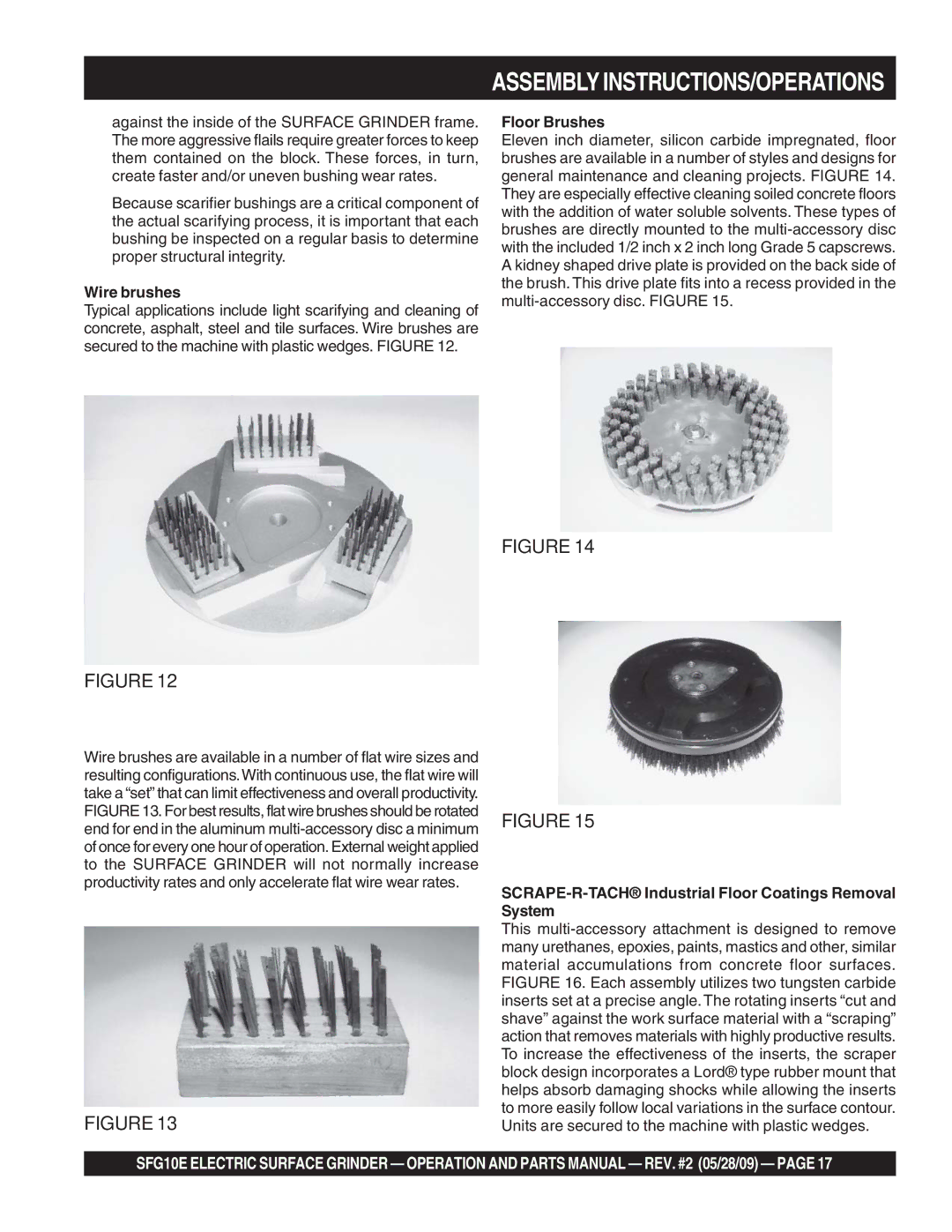 Multiquip SFG10E manual Wire brushes, Floor Brushes, SCRAPE-R-TACH Industrial Floor Coatings Removal System 