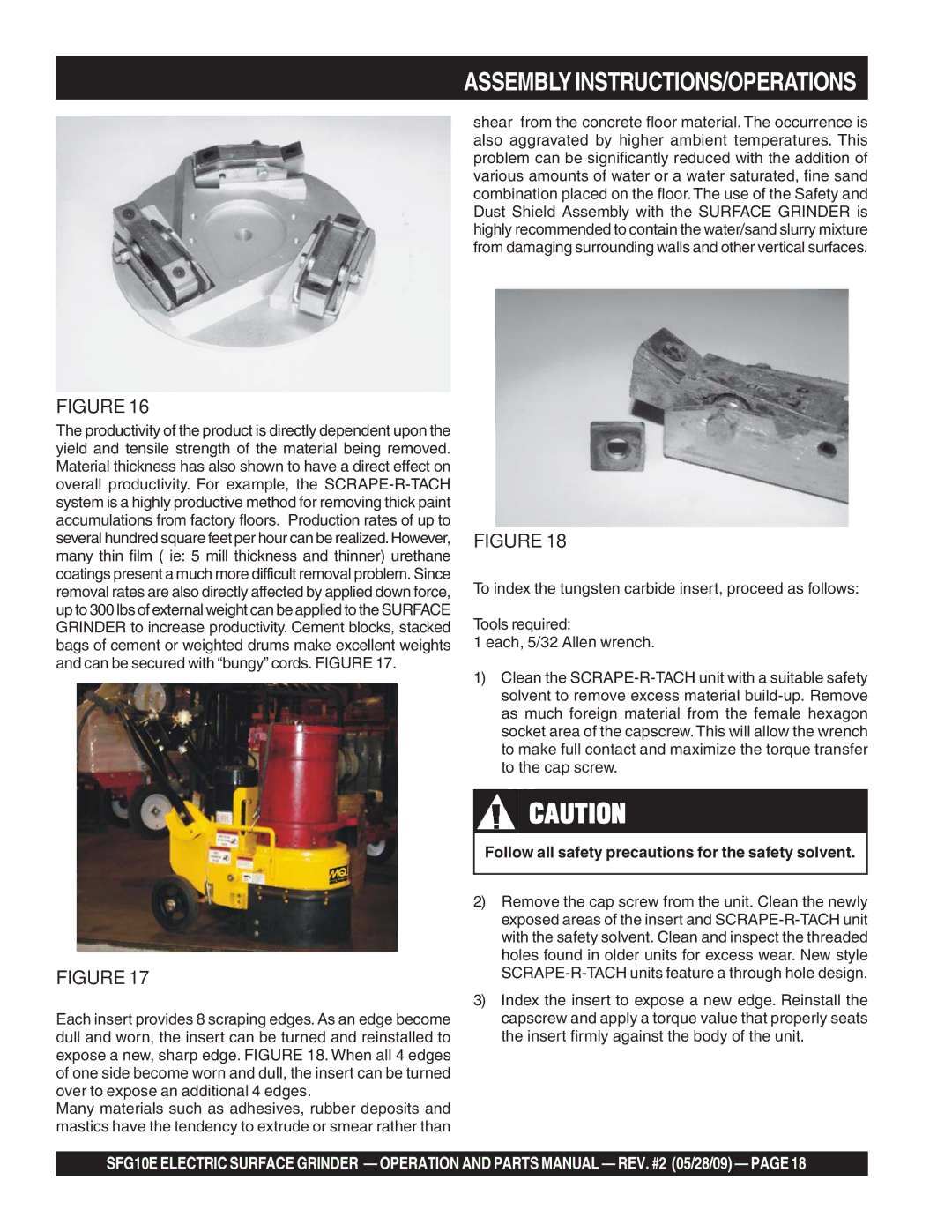 Multiquip SFG10E manual Follow all safety precautions for the safety solvent 