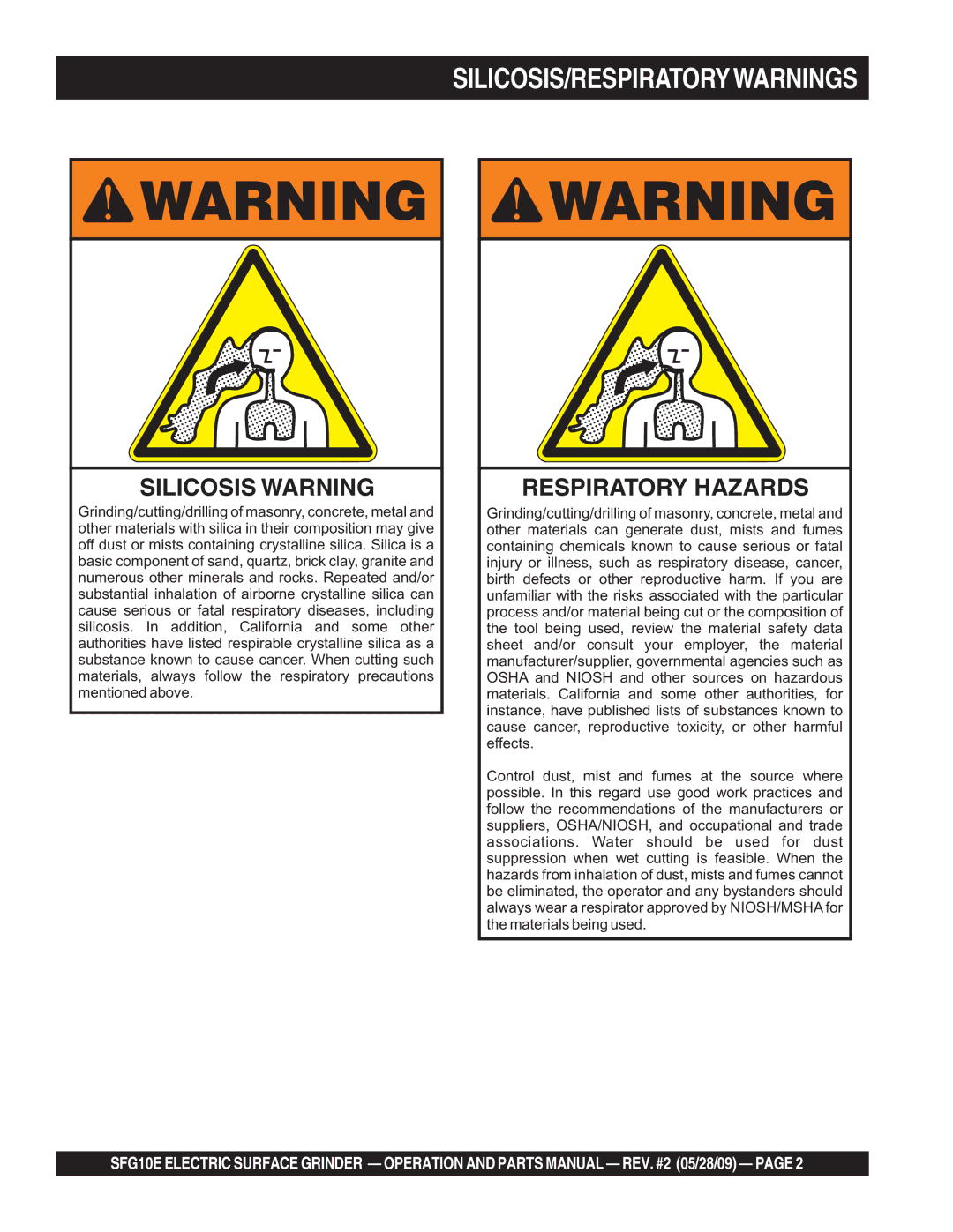 Multiquip SFG10E manual Silicosis/Respiratorywarnings 